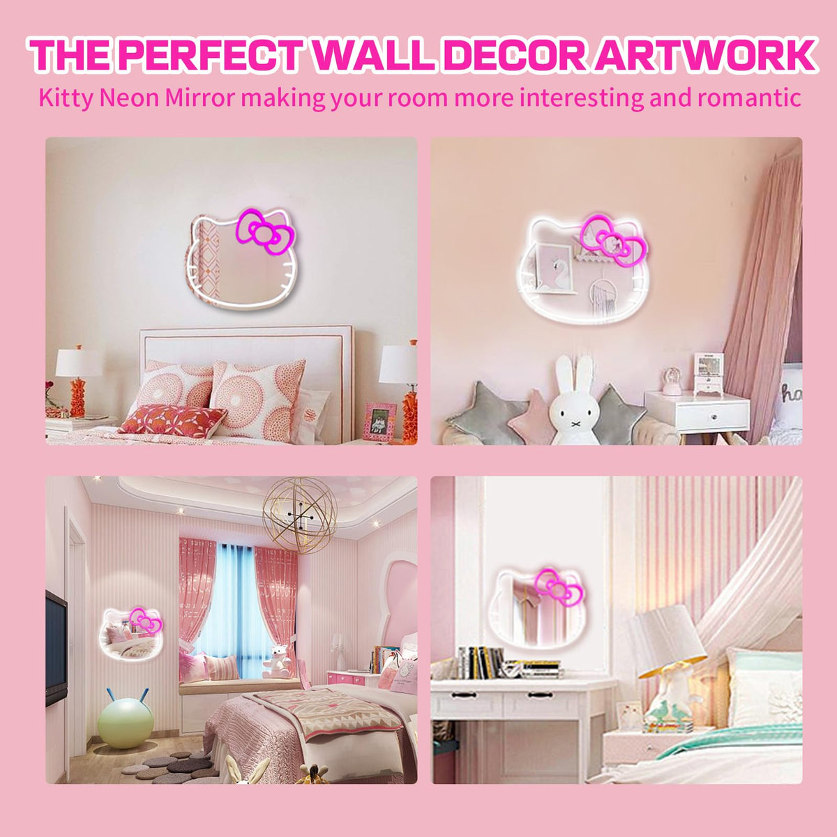 MCJSGSP Anime Hello Kit Mirror with Light Neon Signs for Wall Decor, Teen Girl Gift,Makeup Mirror neon Sign Room Decor (14.6 * 12.2 inch)