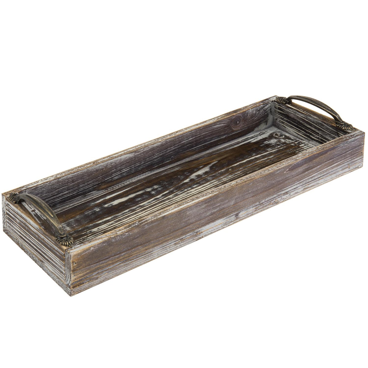 MyGift 16 Inch Rustic Torched Solid Wood Butler Tray with Decorative Antique Metal Handles, Holiday Dining Table Centerpiece, Christmas Dinner Home Decor