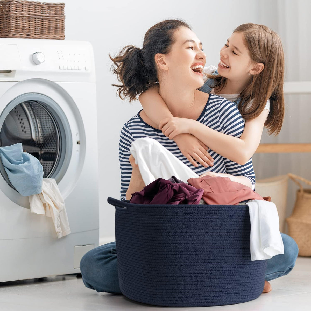 Extra Large Blanket Basket, Maliton Cotton Rope Bin for Toys, Woven Laundry Hamper with Handles, Decorative Storage for Living Room, Bedroom, Kids Room, Bathroom, 22" x 22" x 14", Blue