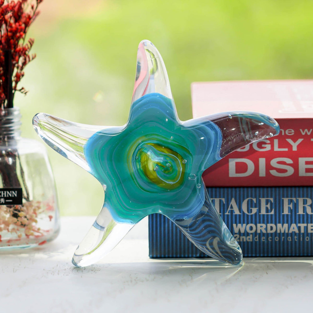 QFkris 5" Glass Star Fish, Crystal Handmade Glass Blown Table Decor, Starfish Figurine, Collectible Ornament,Clear and Green for Women