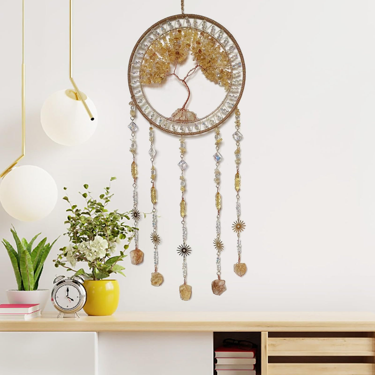 RAGKUU Crystal Tree of Life Dream Catchers with Stone Pendant Yellow Dream Catcher Wall Decor Handmade Dreamcatcher Wall Hanging Ornament for Bedroom Living Room Home Decor