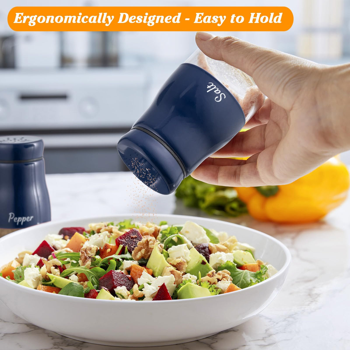 Navy Blue Salt and Pepper Shakers Set, Bivvclaz 5 Ounce Salt and Pepper Dispenser with Glass Bottom, Cute Salt and Pepper Shakers for Blue Kitchen Decor and Accessories