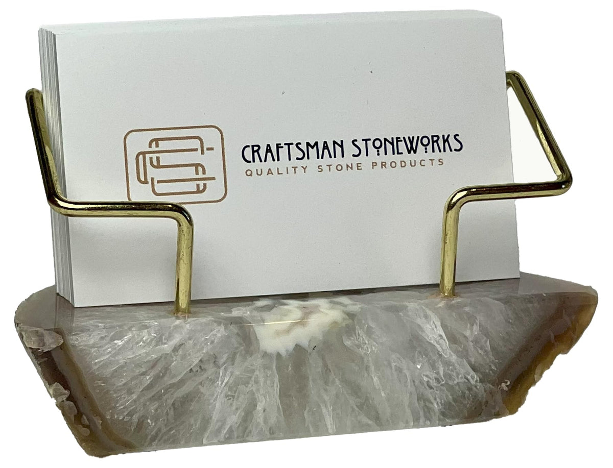 Craftsman Stoneworks Dyed Agate Business Card Holder Desktop Display Stand with Metal Wire Holder for Office Professionals - Holds up to 70 Cards (Natural, Medium)