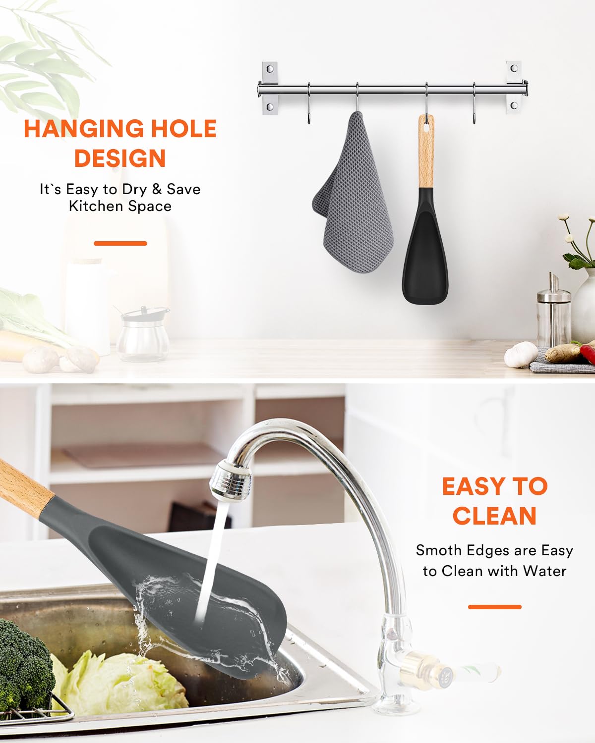 Cooking Spoon for Nonstick Cookwares, Great for Cooking and Serving Sturdy BPA-Free Matte Silicone, Wood Handle Spoon for Mixing, Scoop, and Scrape (Black & Grey, 11.4 inch)
