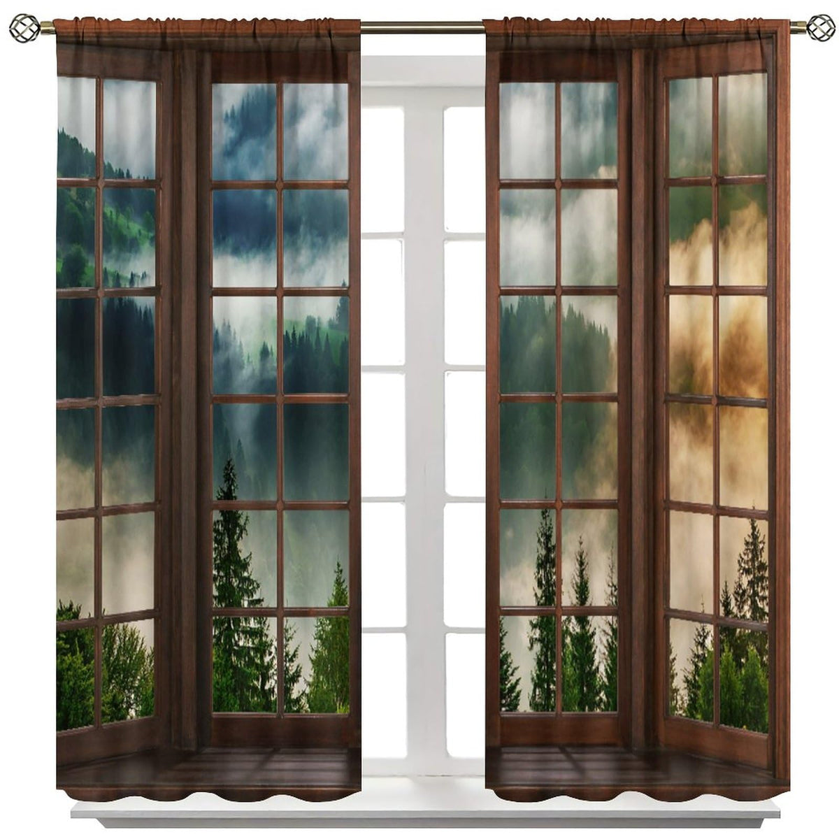 Green Misty Landscape Curtains, Nature Foggy Tree Mountain Scenery Retro Woodland 3D Landscape Blackout Window Treatments for Bedroom Living Room Kitchen 42x54 Inch