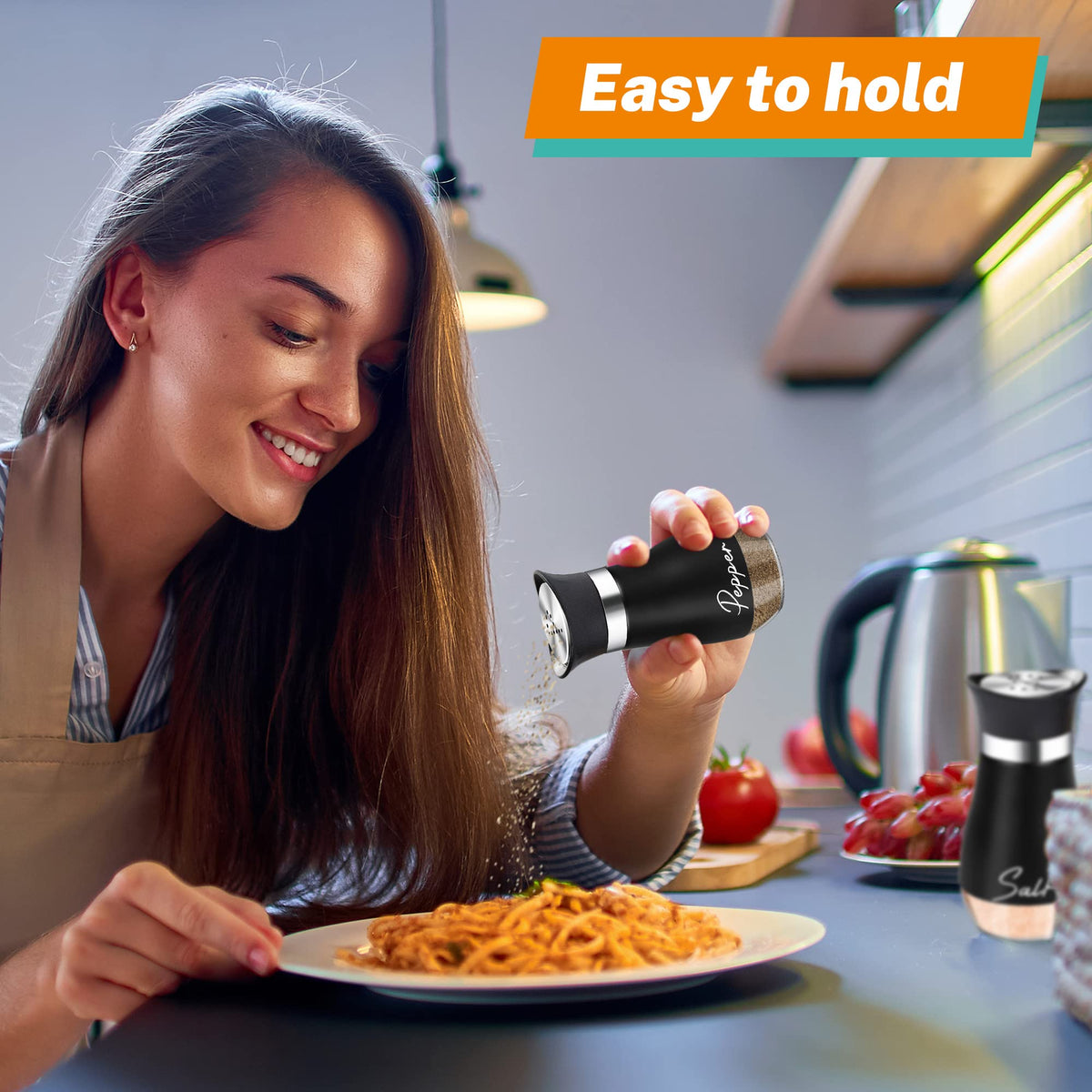 Black Salt and Pepper Shakers Set with Holder,4 oz kitchen accessories and decor for Restaurant, Wedding, Housewarming Gifts Refillable Design (Black)