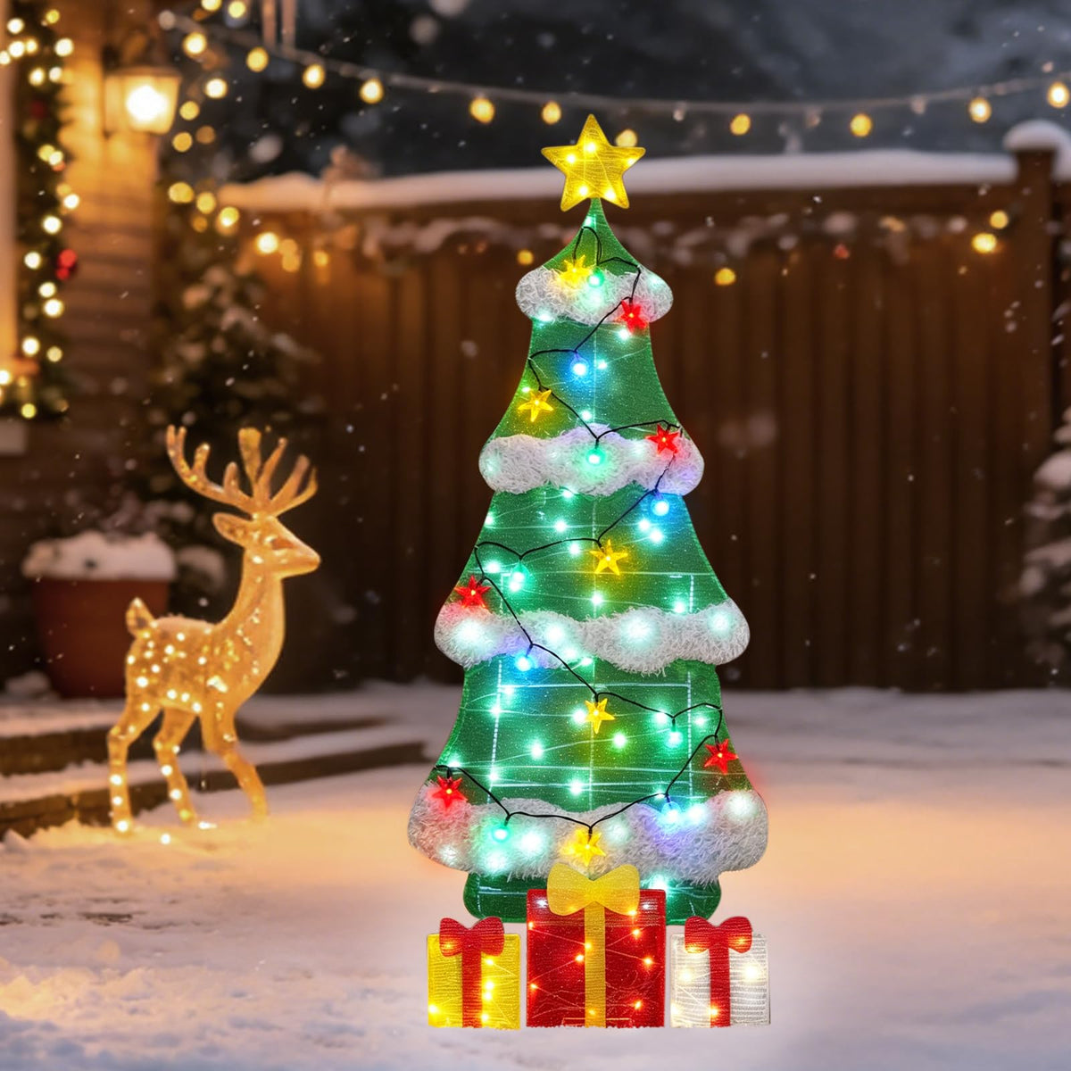 3ft 2D Christmas Tree Outdoor Decorations with 100 Twinkling LED Lights, 8 Light Modes, Large Holiday Yard Ornament for Patio, Lawn, Home(Sphere+Star)