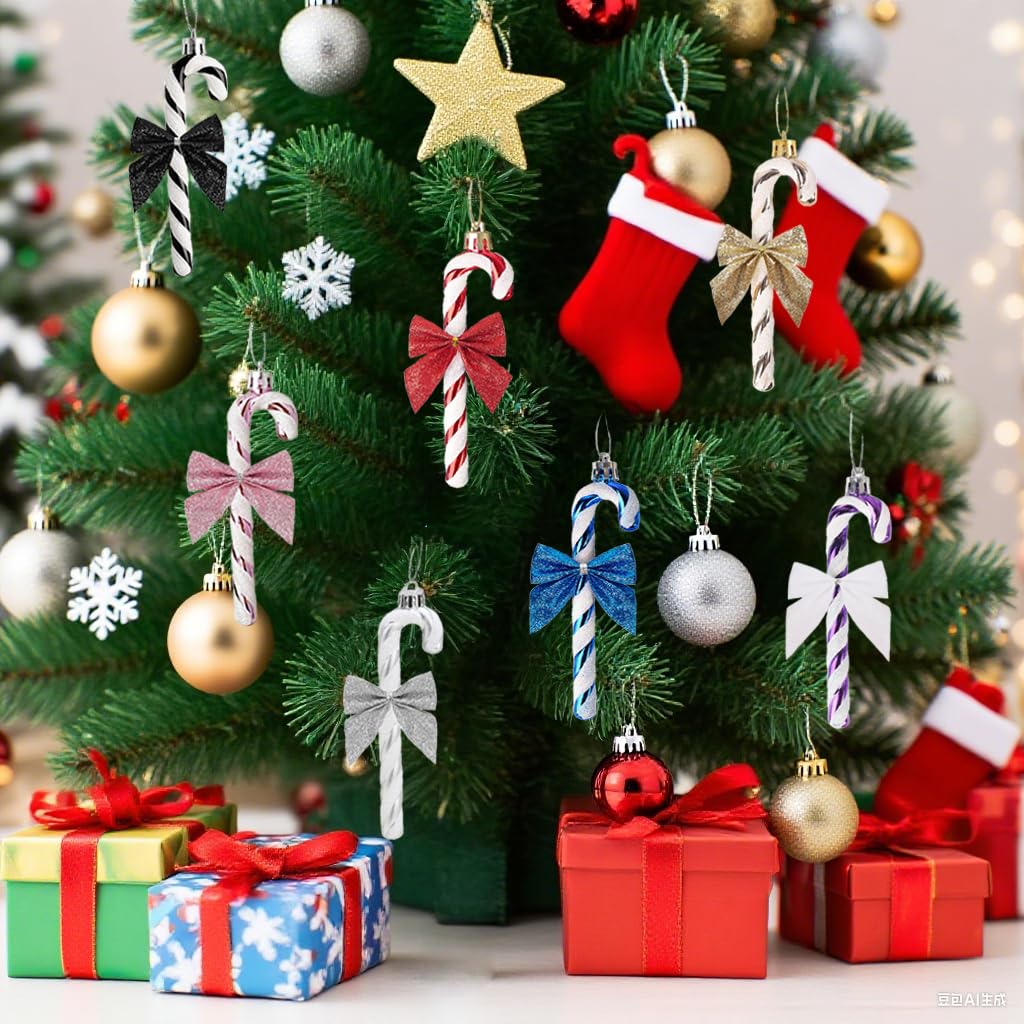 HERZWILD 12Pcs Christmas Glitter Candy Cane with Bow Red Plastic Candy Cane Decoration Christmas Tree Hanging Ornament for Holiday Party Decoration Favor(Red Bow)