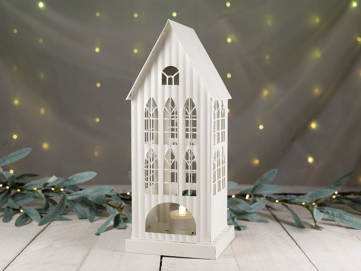 Orchid & Ivy 12.5-Inch Tall Rustic White Galvanized Metal Decorative Tin House Candle Holder Country Farmhouse Tabletop Mantel Shelf Tea Light Lantern Indoor Outdoor Home Decor