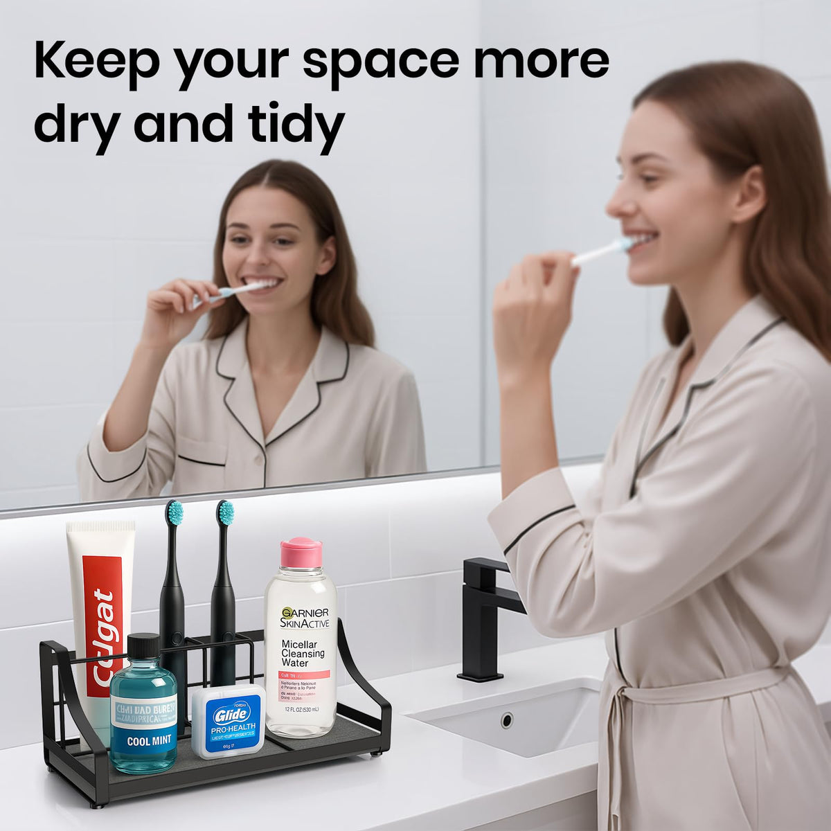 BOTEMY Toothbrush Holder with Instant Drying Stone - Bathroom Counter Organizer, Diatomite Electric Toothbrush Toothpaste Holders, Bathroom Sink Organizers and Storage,Black
