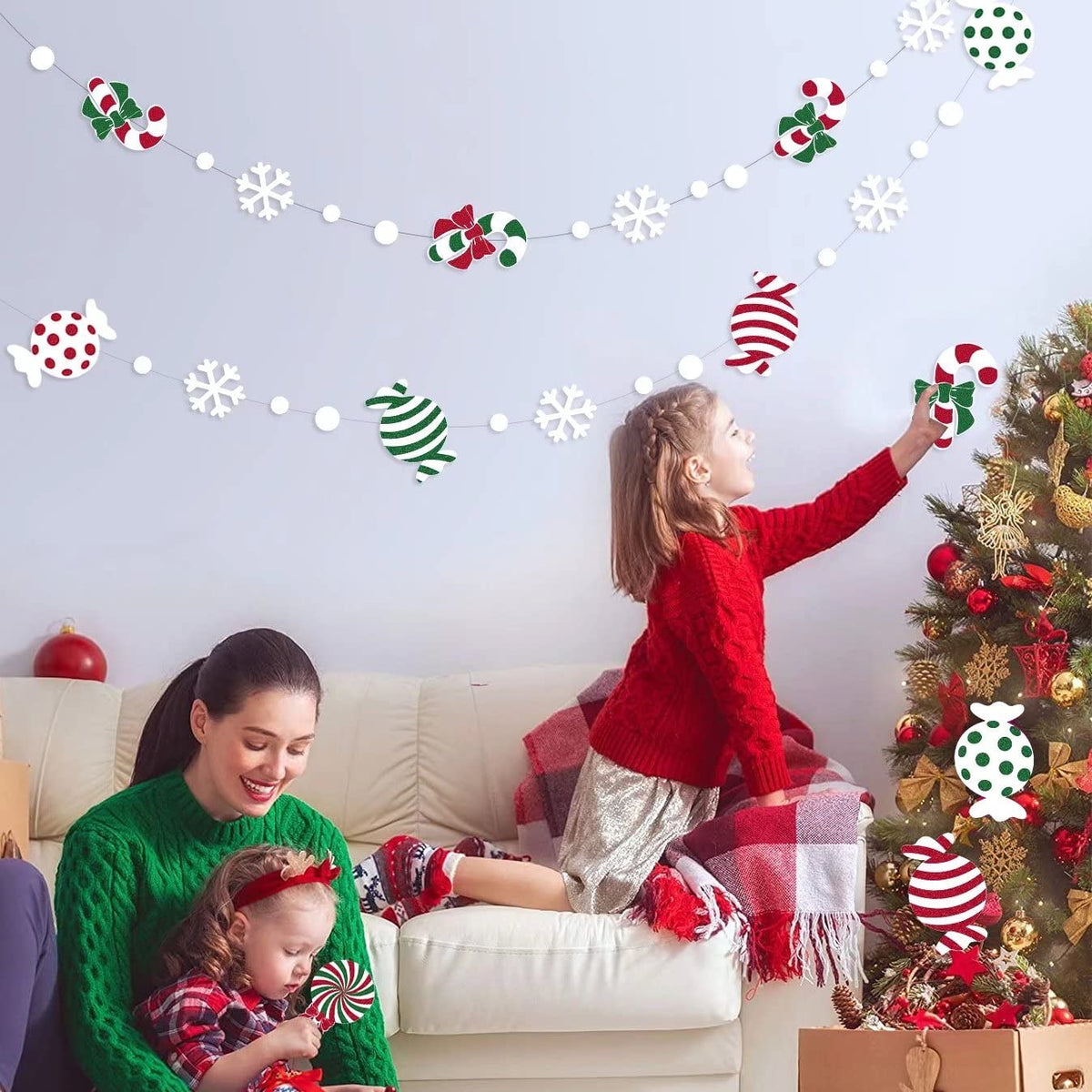 52 Ft Candyland Christmas Decorations Garland Red Green Sweet Candy Cane Lollipop White Snowflake Dot Glitter Paper Hanging Streamer Banner for Merry Christmas Winter Holiday Xmas Party Supplies