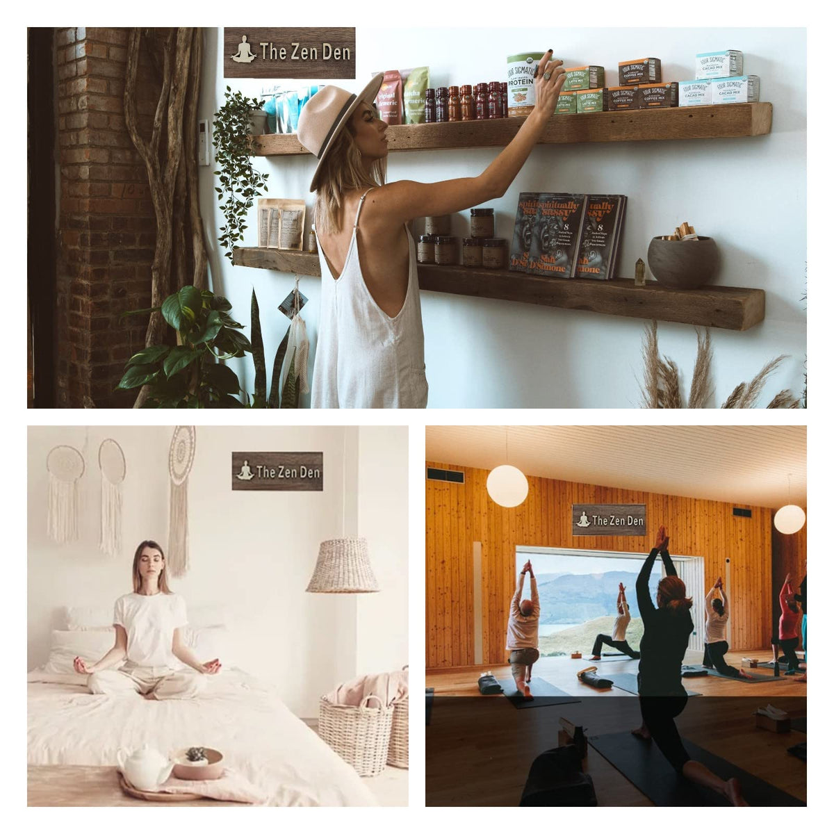 FIREFLYWEB The Zen Den signs Room Decor Meditation in Progress Wall Hanging Sign,Inspirational Wooden Door Plaque for Yoga Studio Bedroom Decoration (Brown)