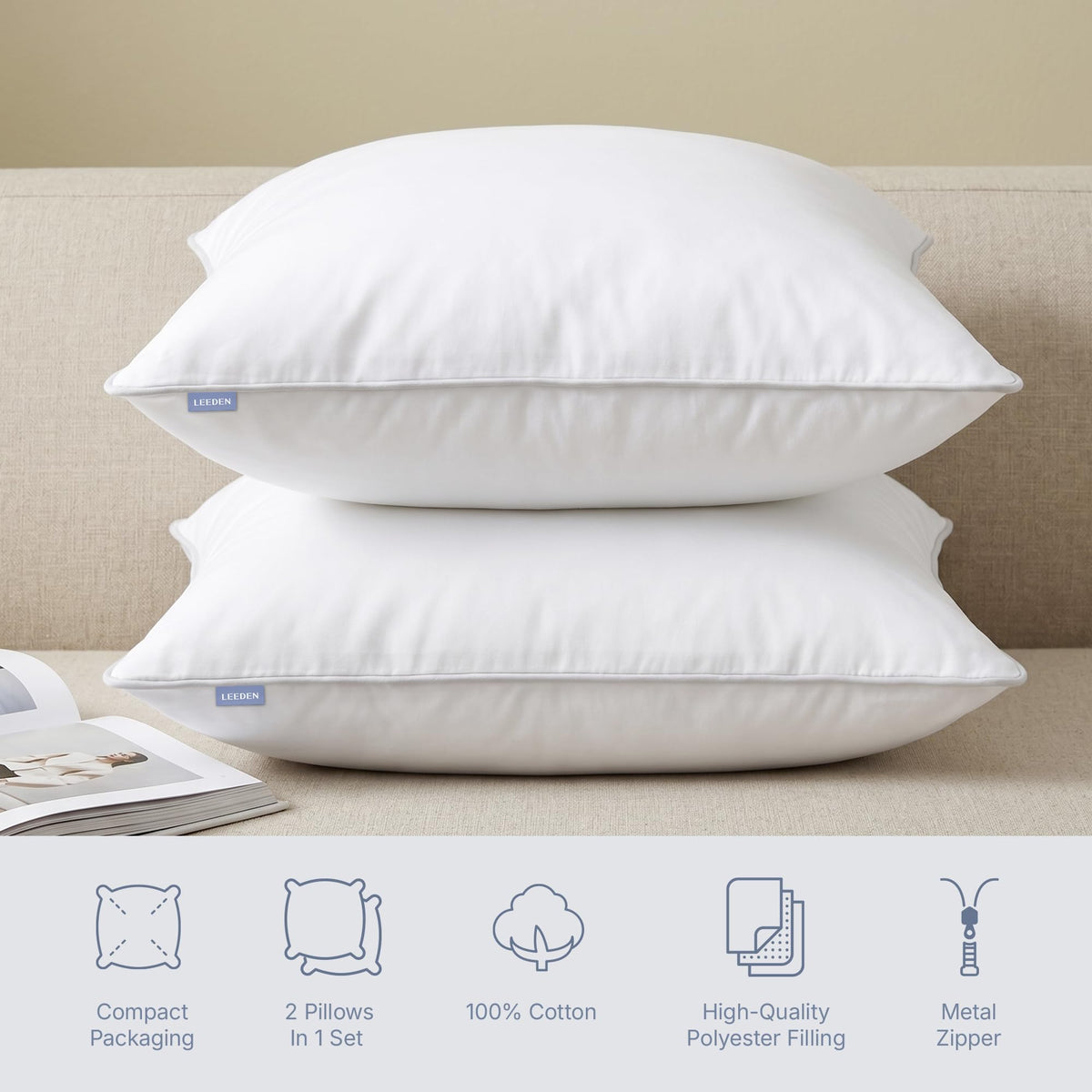 Leeden 20 x 20 Pillow Inserts (Set of 2) - Throw Pillow Inserts with 100% Cotton Cover - 20 Inch Square Decorative Pillows for Sofa, Couch, Bed and Home Decor