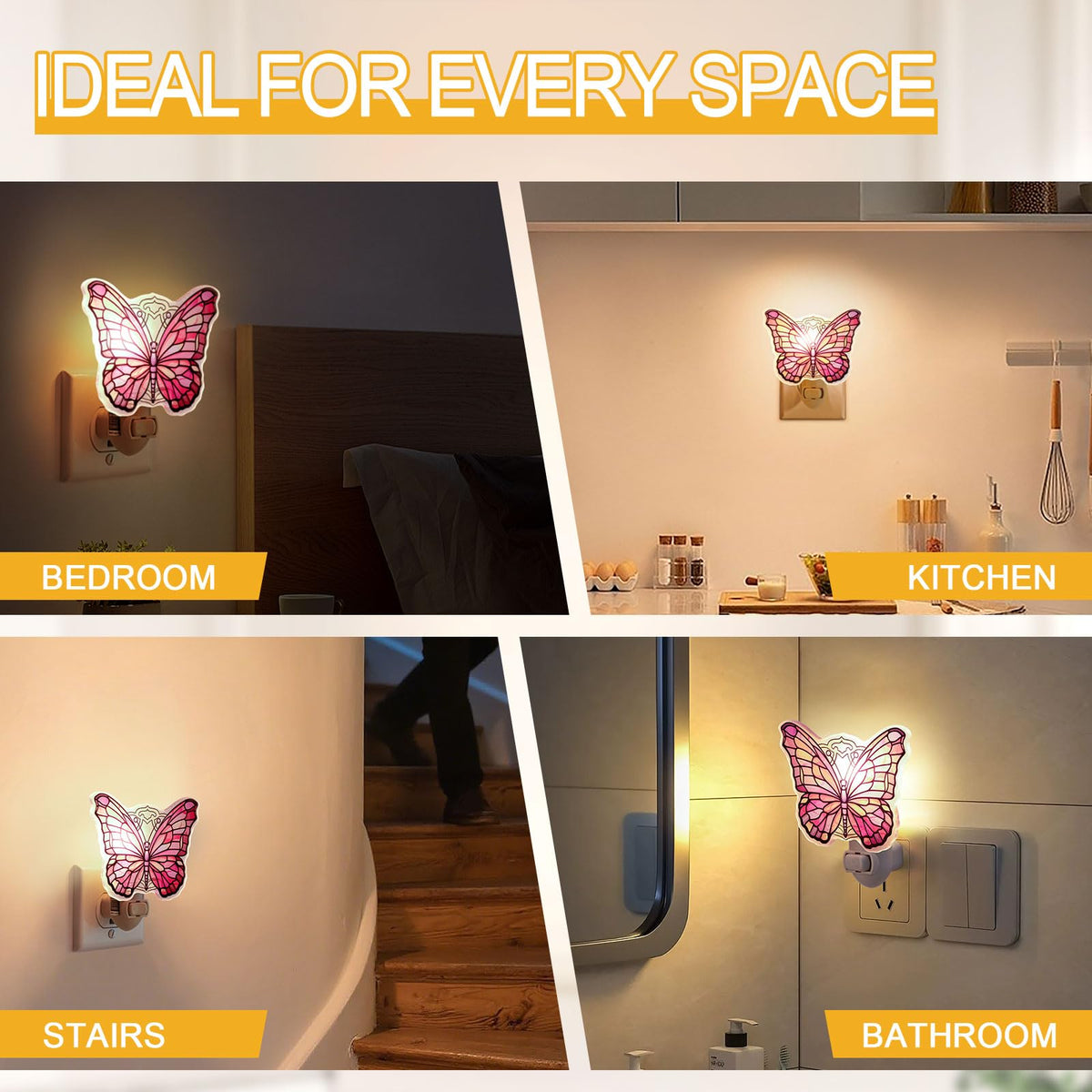 VOUWOWOX Pink Butterfly Night Light – Stained Glass Styled Plug-in Wall Light for Vertical Outlets – Real Glass, Warm Glow for Bedroom, Bathroom, Hallway – Gift for Butterfly Lovers