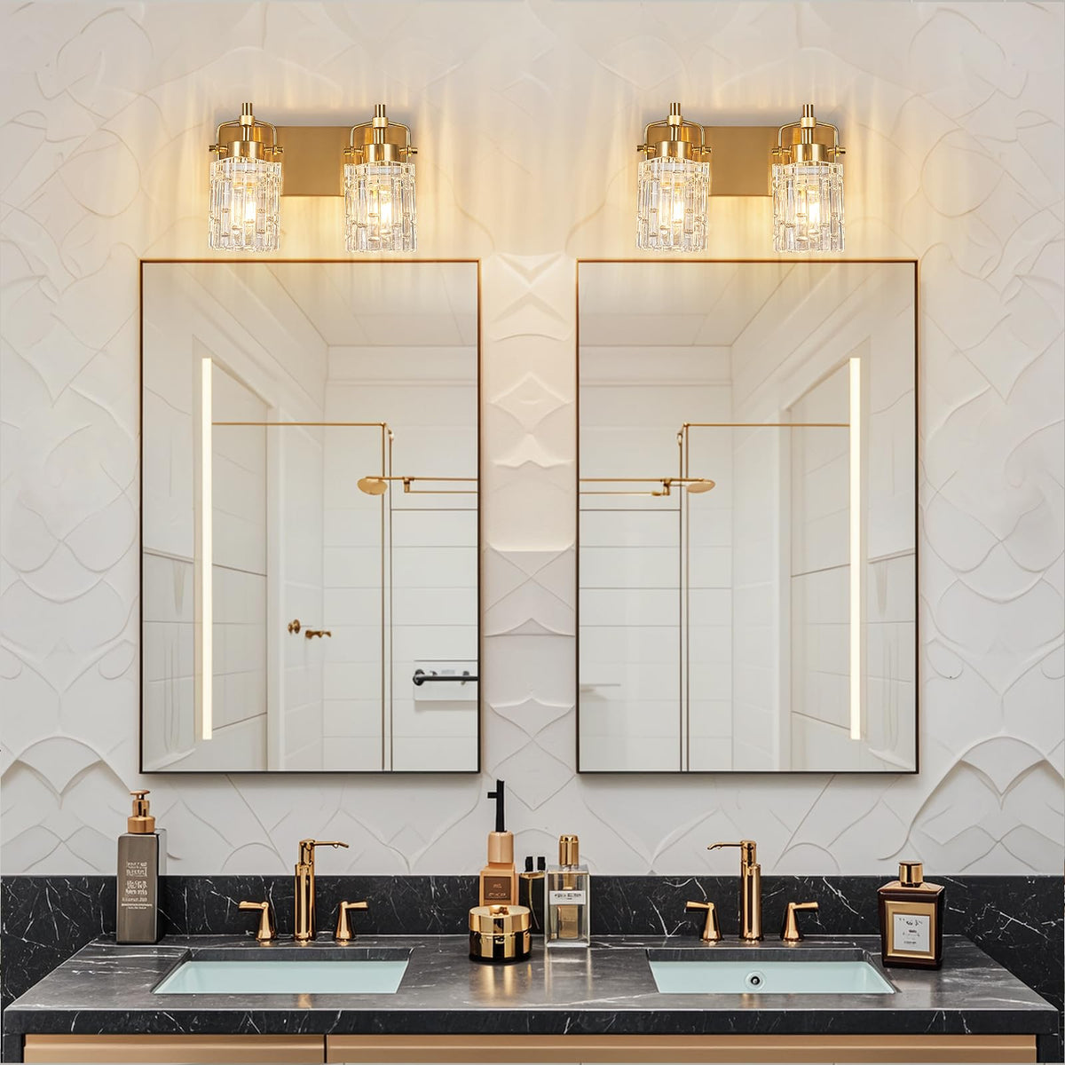 BNHHLZ 2 Light Crystal Glass Vanity Light, Gold Bathroom Lighting Fixtures Over Mirror Modern Bath Wall Sconce Lighting for Bedroom Living Room