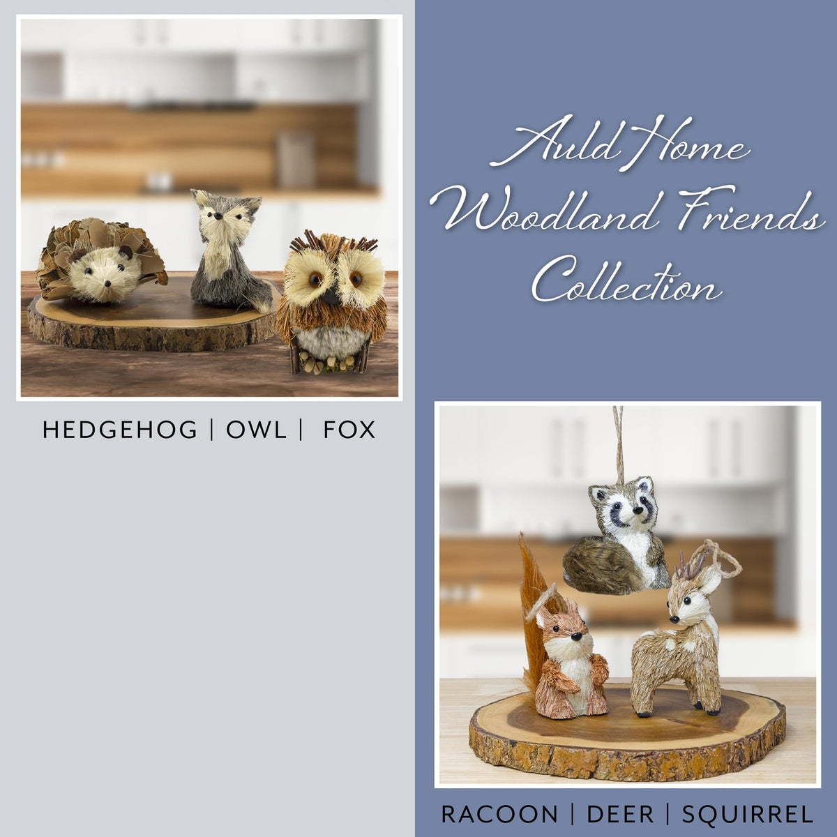 AuldHome Design Woodland Friends Figurines (Set of 3, Fox/Owl/Hedgehog); Forest Animals Decor for Fall, Christmas, Winter and Themed Decor or Parties