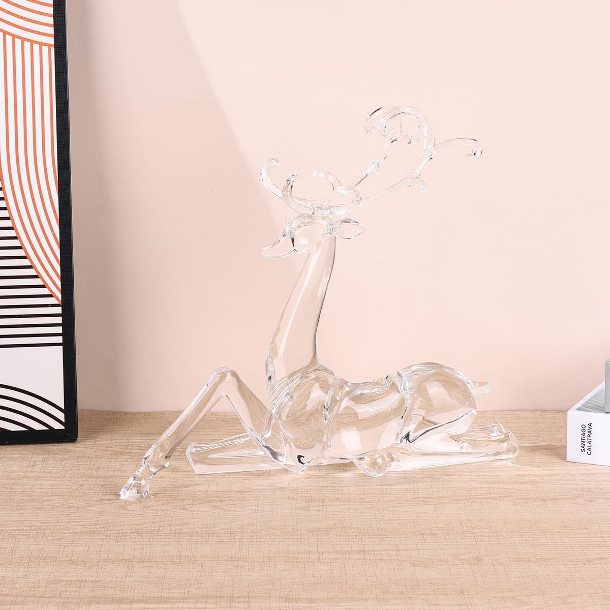 11" Tall Acrylic Christmas Reindeer Figurine - Elegant Clear Large Reindeer Ornaments for Christmas Indoor Decor, Holiday Centerpiece, Living Room, Fireplace, Table Display (Clear Sitting Reindeer)