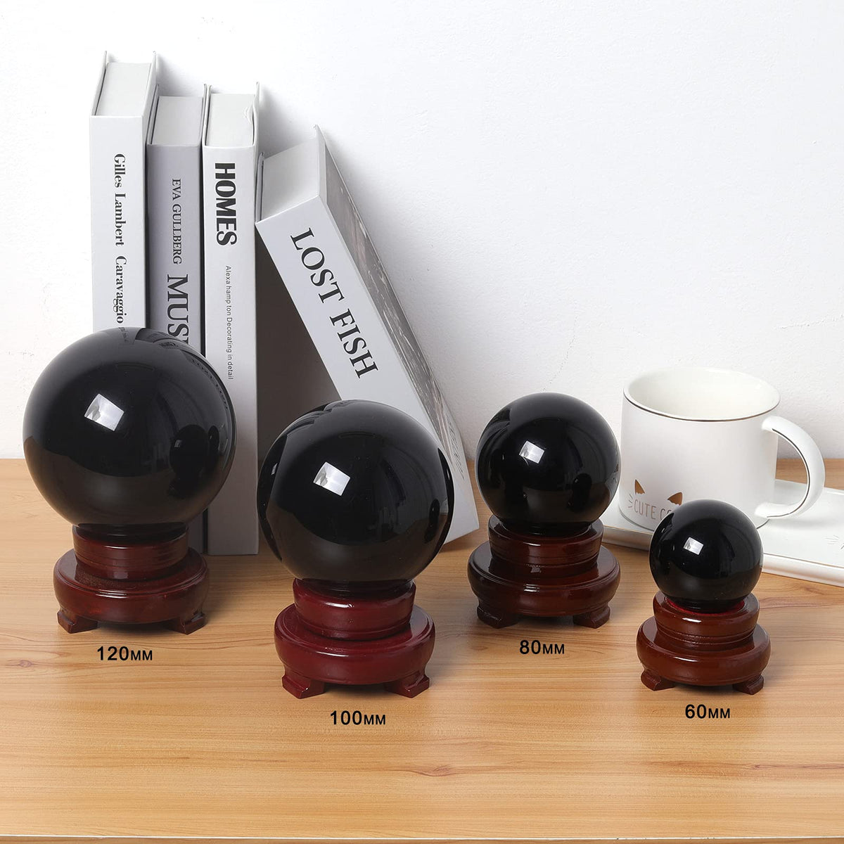 LONGWIN 120mm (4.7 in) Divination Black Crystal Ball Fengshui Sphere Home Decorations Meditation Ornaments with Rotating Wooden Stand