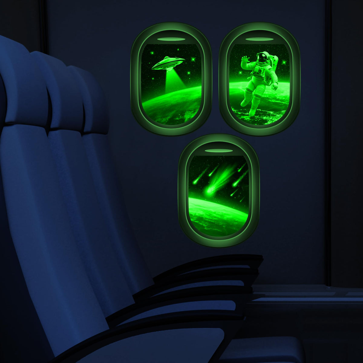 Glow in The Dark 3D Space Wall Decals, Set of 3 Galaxy Window Stickers for Wall, Space Themed Room Decor for Kids Boys (Green)