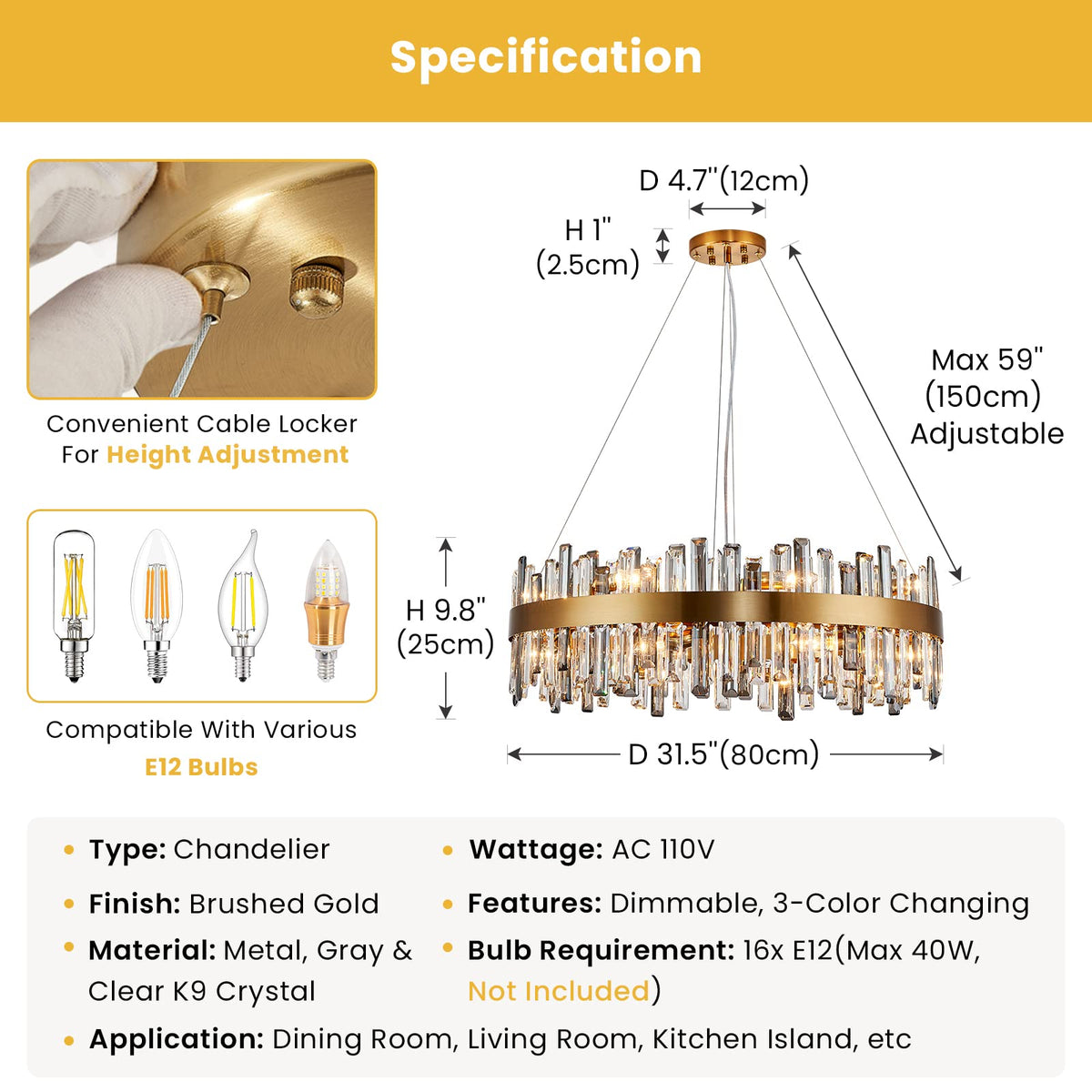 Siljoy Modern Crystal Chandelier, 16-Light Luxury Brass Gold 2-Tiers K9 Crystal Raindrop Chandelier Dimmable Crystal Pendant Ceiling Light for Dining Living Room Kitchen Island Entry Foyer D31.5''
