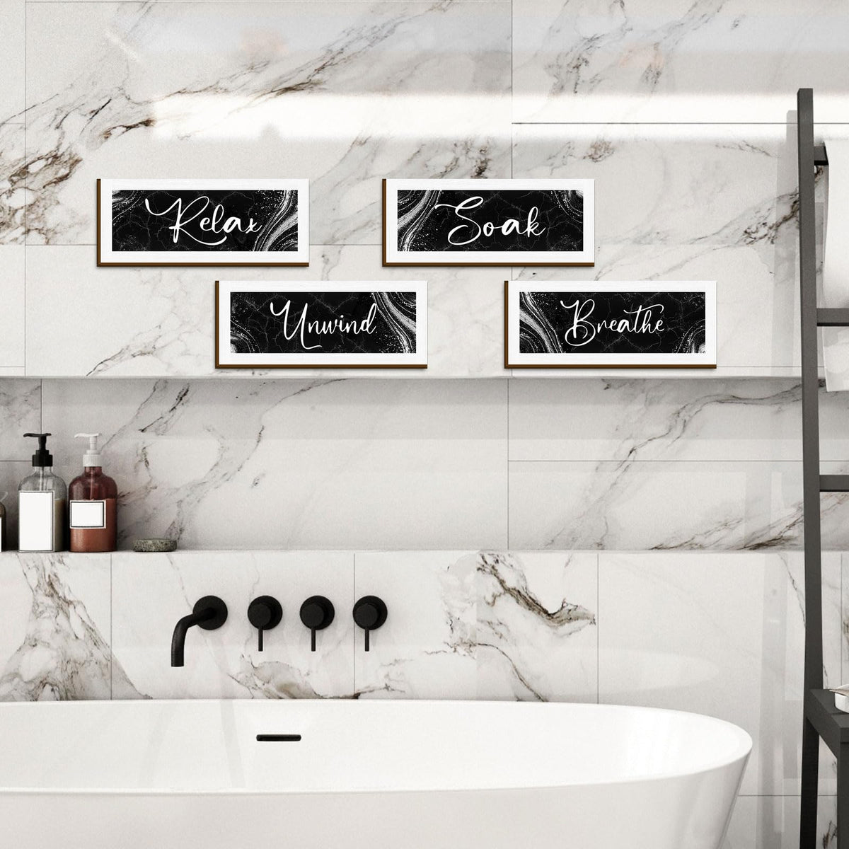 Bathroom Wall Decor 4 Pieces - Modern Marble Relax Soak Unwind Breathe Signs - Elegant Spa Bathroom Wall Art - Minimalist Wooden Plaque Set for Bathtub Home Decor Housewarming Gift