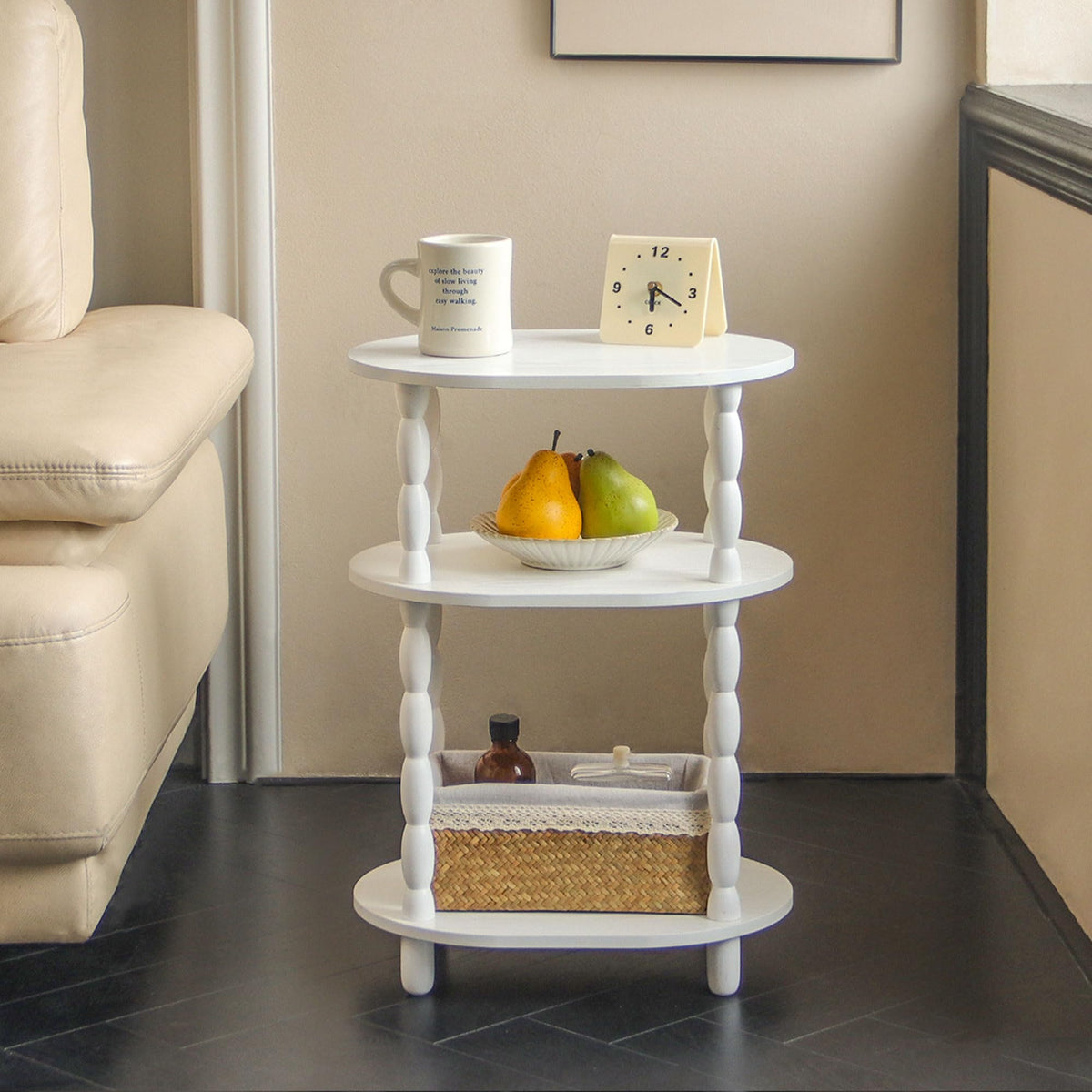 MaxSmeo White Side Table, 3-Tier Small Oval End Table, Modern Night Stand Wood Accent Table for Living Room, Bedroom, White