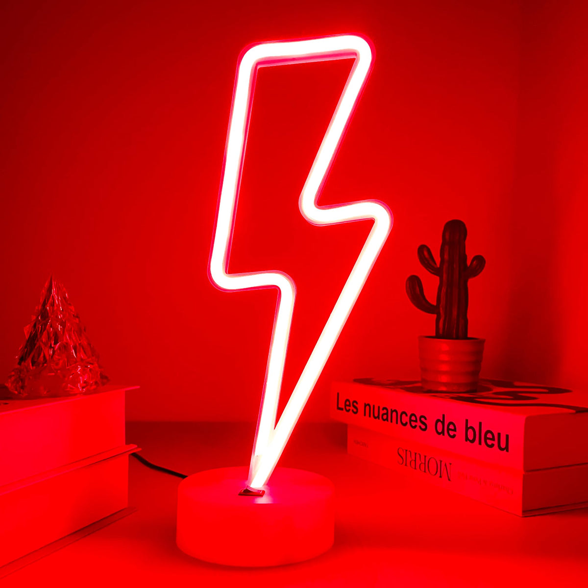 VIFULIN Lightning Bolt Neon Signs Red Lightning Neon Sign Light for Bedroom, USB/Battery Operated Thunder Lamp Neon Sign, Stand Lightning Shape LED Sign Decor for Shelf Desk Table Game Room Man Cave