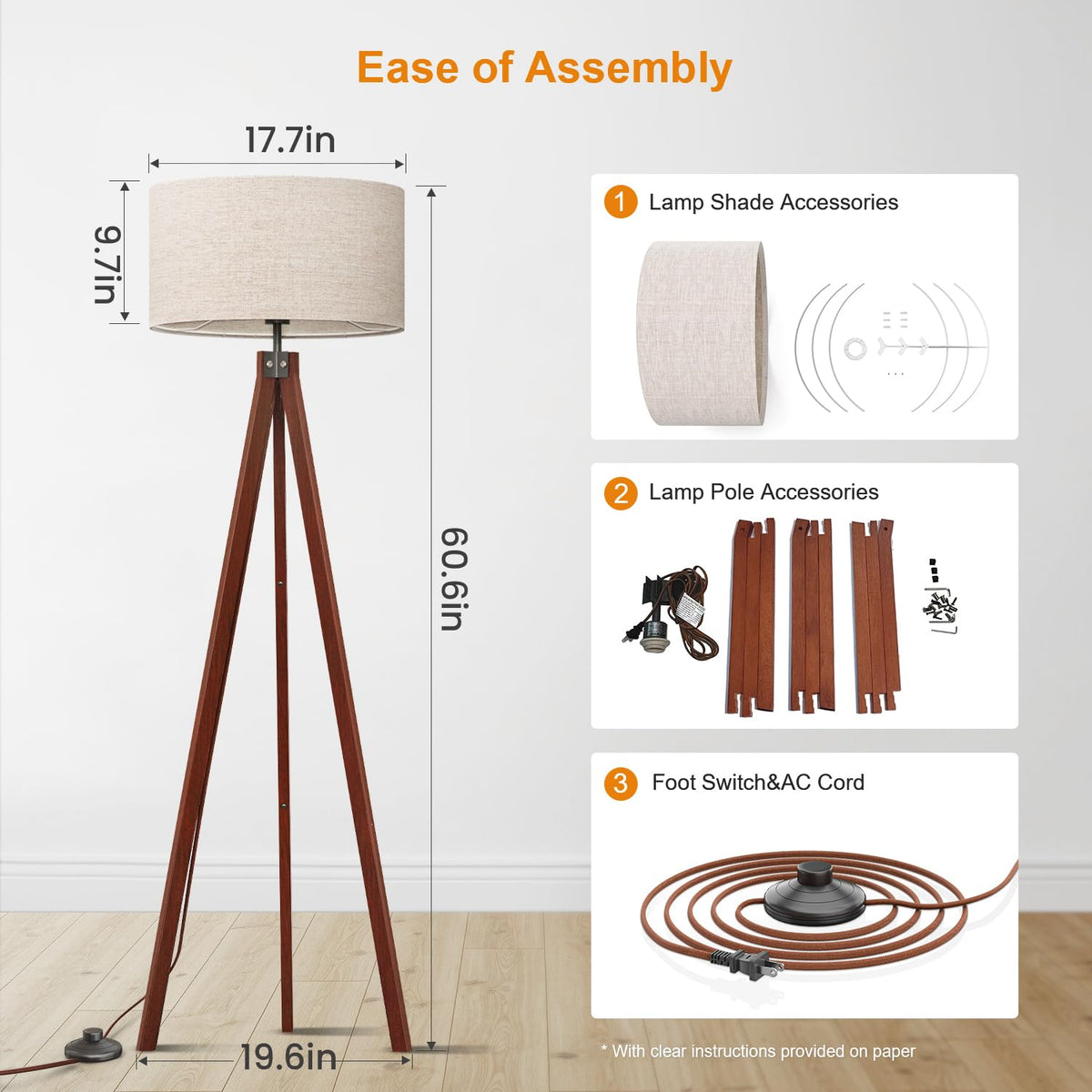 LEPOWER Wood Tripod Floor Lamp, Mid Century Standing Lamp, Modern Design Studying Light for Living Room, Bedroom, Study and Office, Flaxen Linen Shade with E26 Base Brown