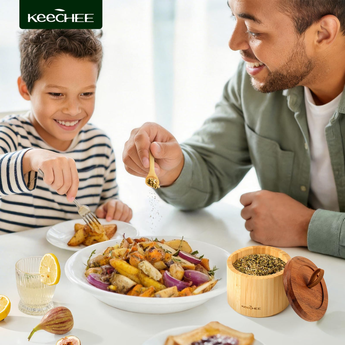 keechee Bamboo Salt Cellar with Acacia Lid & Spoon, 7.7oz Capacity with Built-In Spoon Slot & Labels, Two-Tone Countertop Seasoning Container (Single Compartment - 1 Pack)