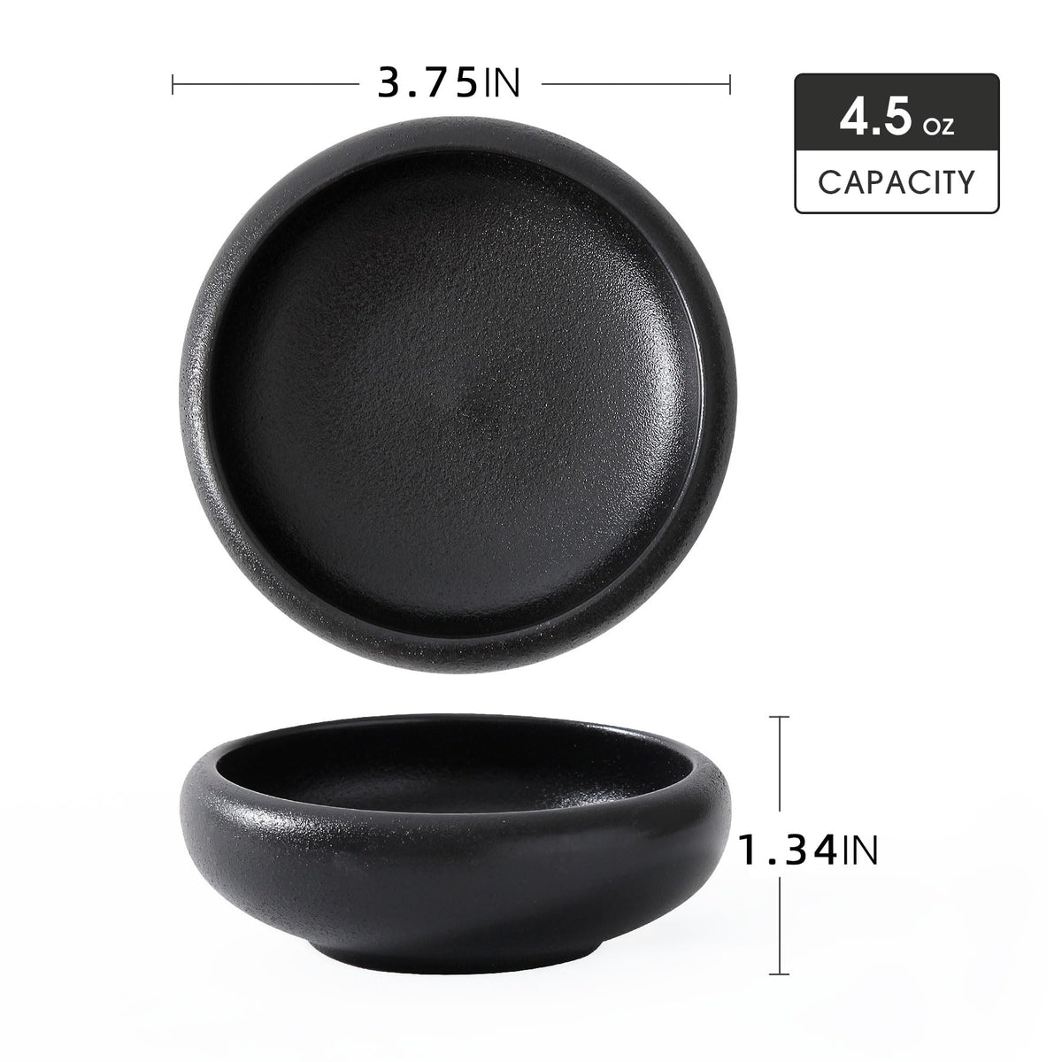 Uaral Soy Sauce Dishes Sushi Dipping Bowl Pinch Bowl Stoneware Black Small Serving Dish Set 3.75 Inch(4.5 oz,Texture Black)