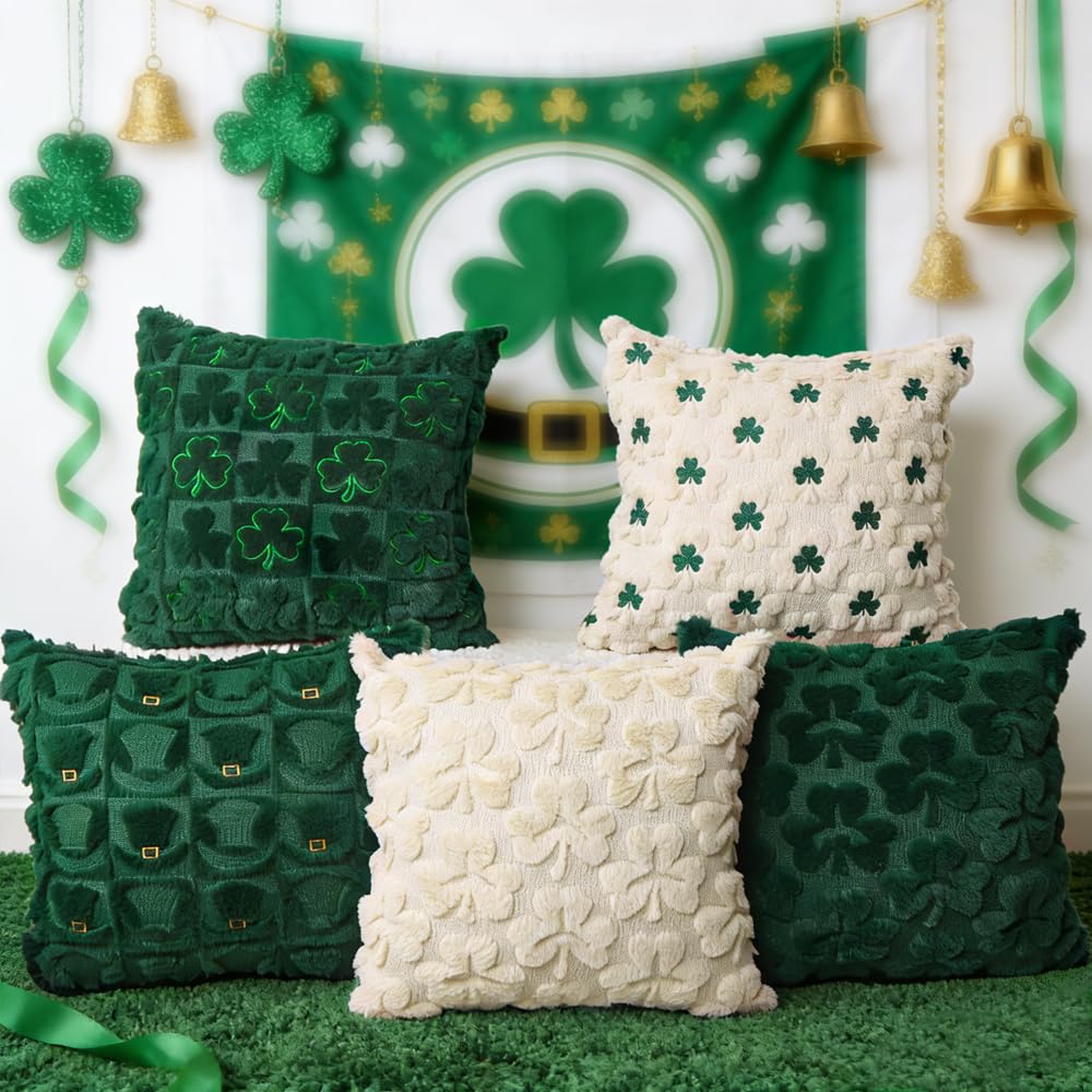 Heirloom Haven St Patrick’s Day Pillow Covers Set of 2,Beige Shamrock Irish Soft Plush Fluffy Faux Fur Jacquard Decorative St. Patrick’s Day Holiday Farmhouse Cushion Case for Sofa 18 x 18 Inch