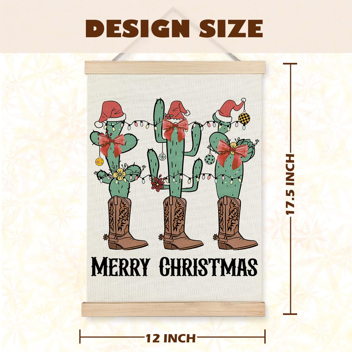 Western Christmas Wall Decor, Christmas Red Bow Cactus Cowboy Boots Wall Art With Wooden Poster Hanger, Christmas Wall Decoration, Western Christmas Wall Art Decor for Home Office, 12x16 Inch