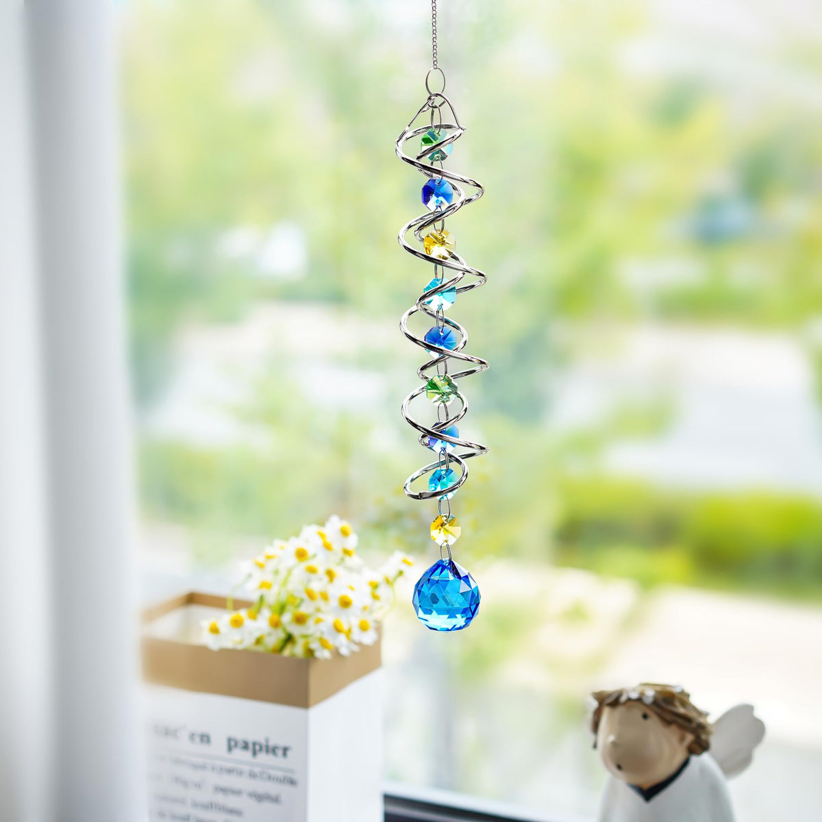 H&D HYALINE & DORA 20.5inch Gazing Ball Spiral Tail,Decorative Wind Spinner Sun Catcher,Rainbow Maker Double-Spiral W/Sea Blue Crystal Ball and Chain,Glass Crystals for Indoor Outdoor Decoration