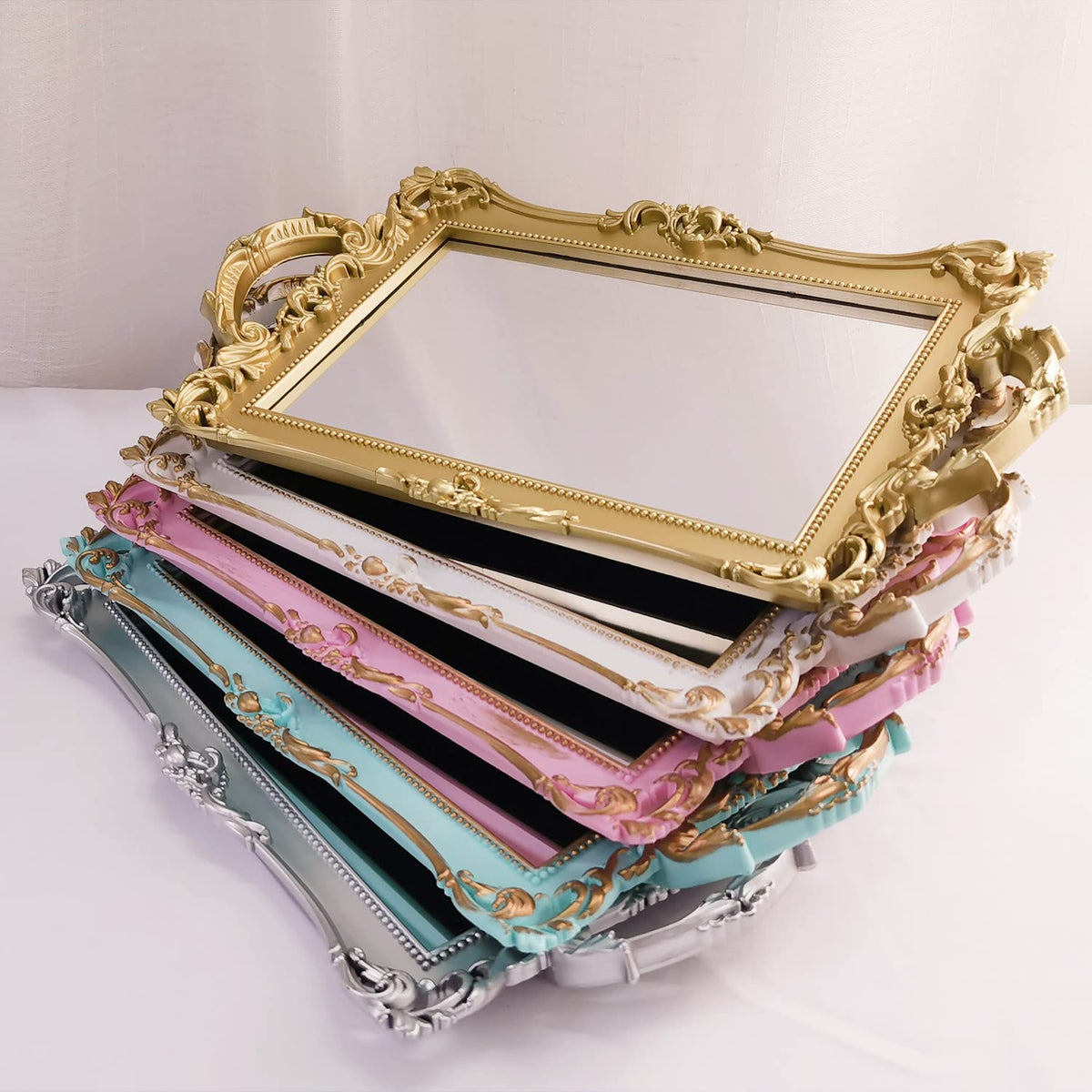 Yamfurga Small Rectangle Decorative Mirror Tray, French Style, Makeup Organizer, Jewelry Organizer, Serving Tray, 13"x 7.8", Gold