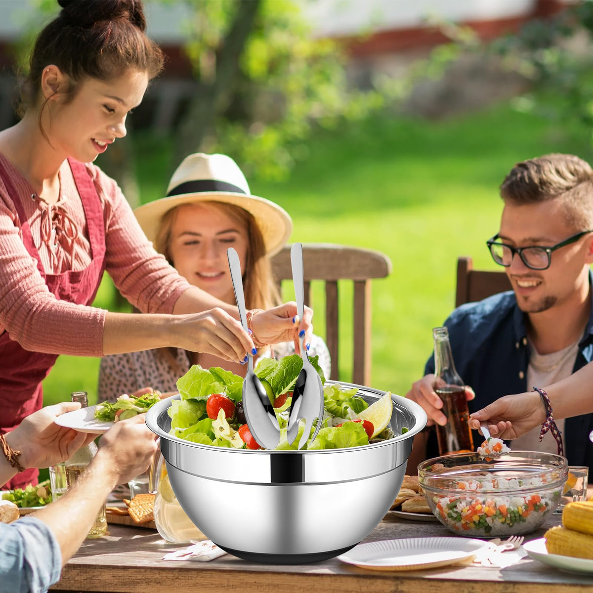 ShineMe Stainless Steel Salad Bowl with Lid, Extra Large Metal Bowl with Serving Utensils for Preparing, Mixing, Marinating, and Serving with Anti-slip Bottom, Unbreakable Kitchen Bowls 7QT