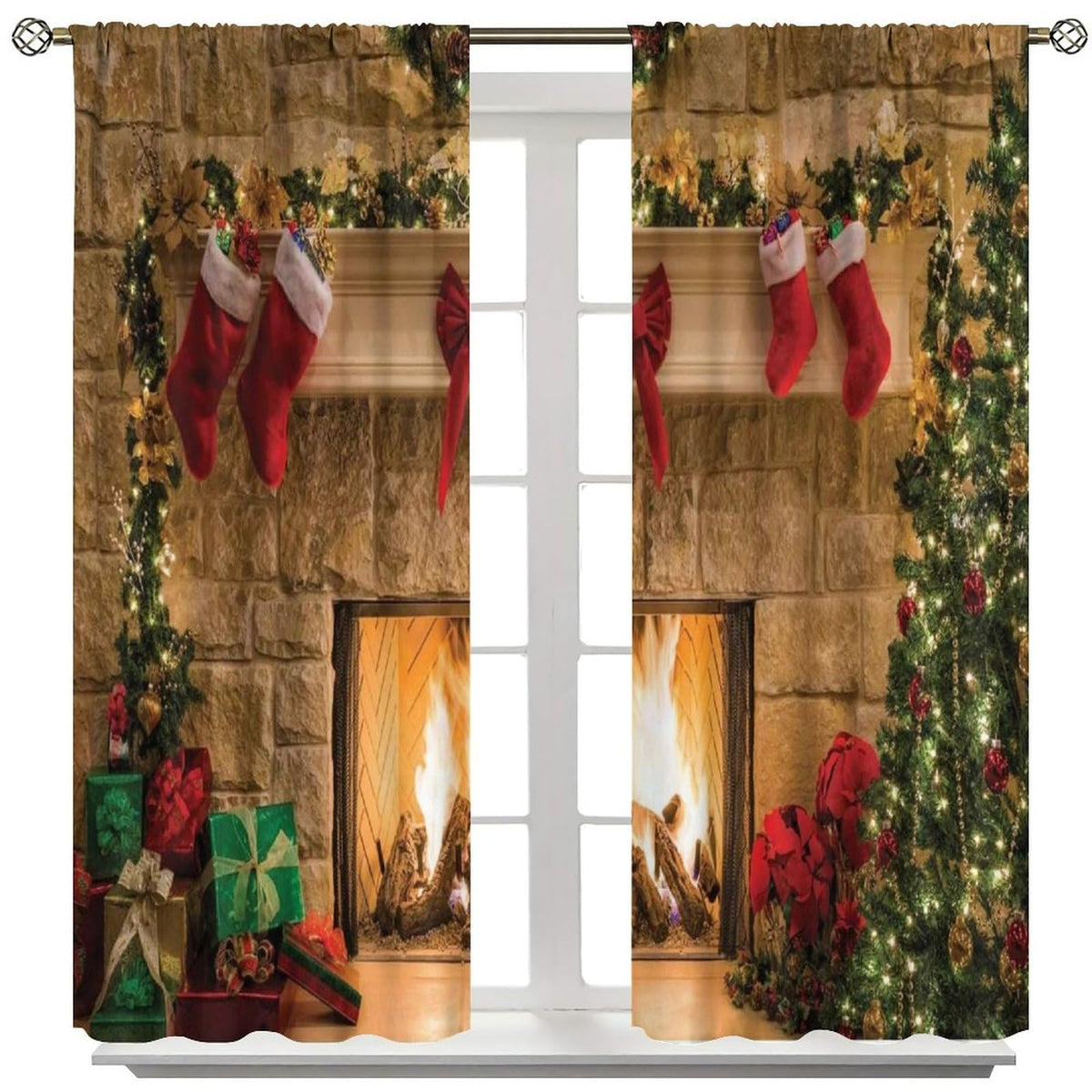 FengMingRui Merry Christmas Curtains Fireplace Christmas Socks Christmas Tree Blackout Window Treatment for Bedroom Living Room Decor Art Printed Window Drapes 52" W X 84" L