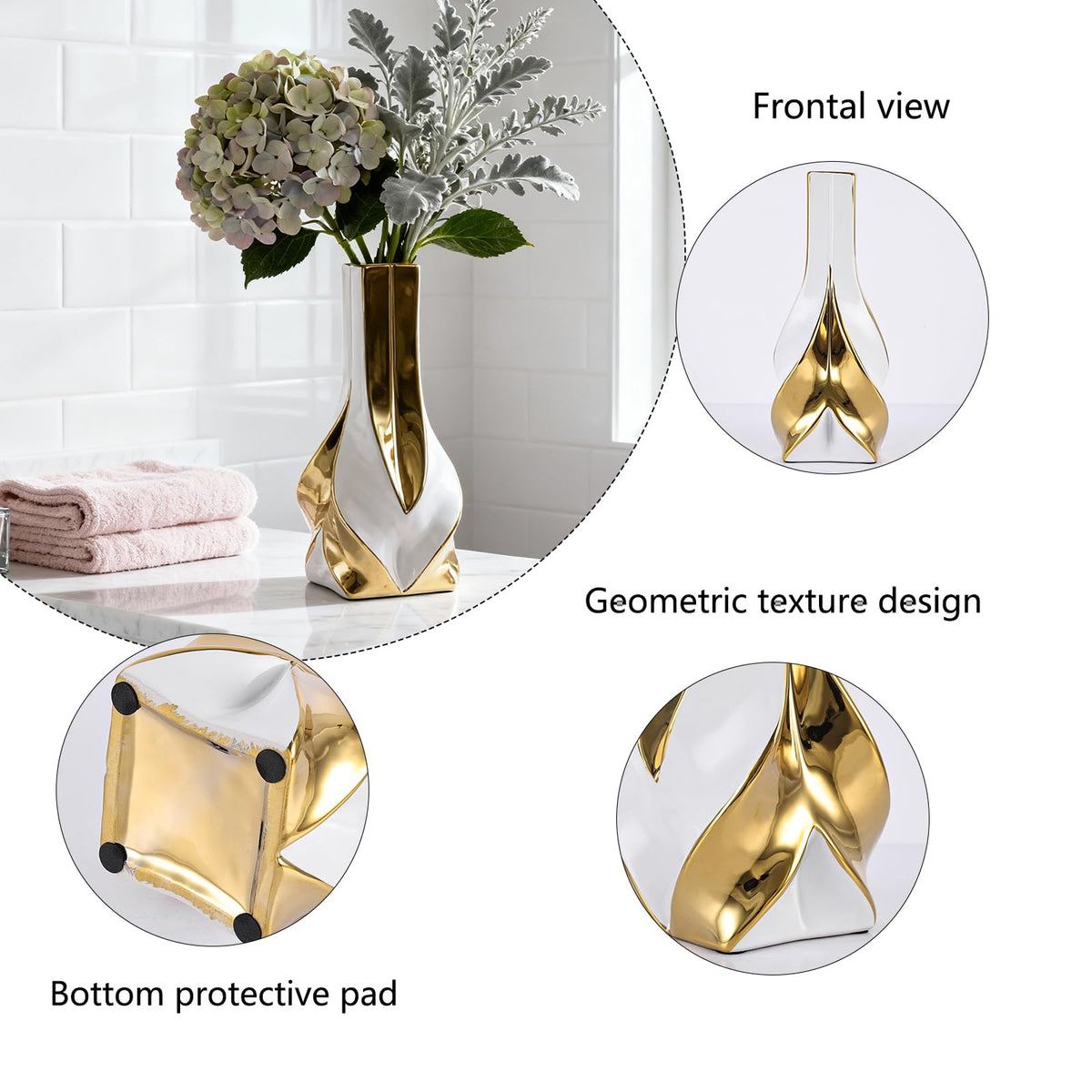 10.6" White and Gold Ceramic Vase, Modern Geometric Flower Vase for Dining Table Centerpiece, Elegant Decorative Vase for Pampas Grass, Living Room, Bedroom, Office, Tabletop Decoration