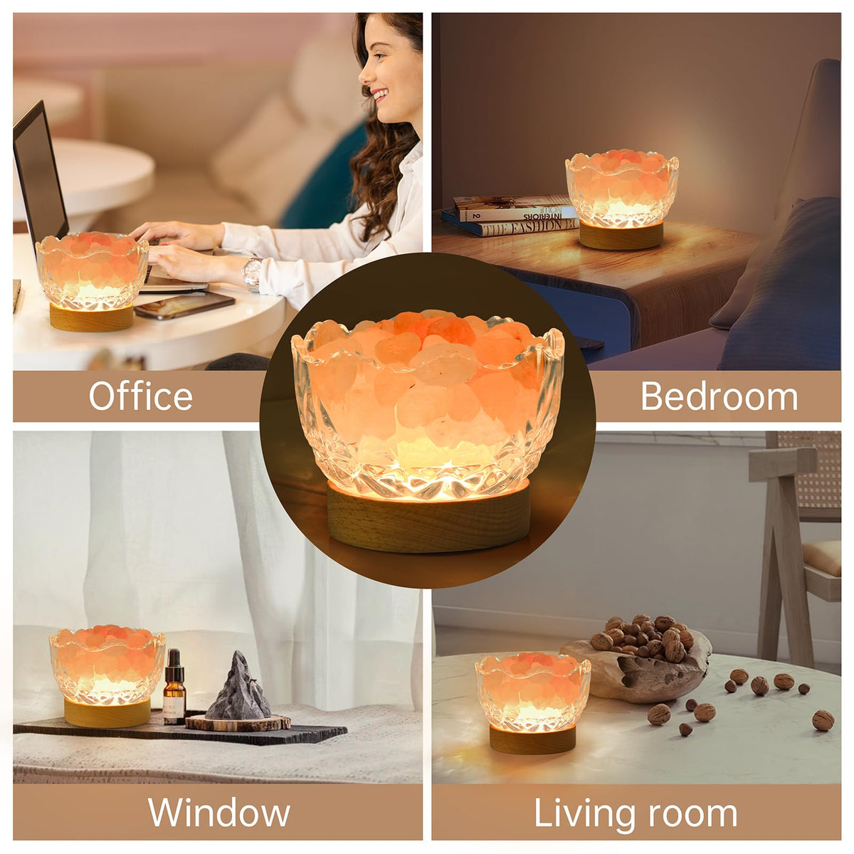 HSLZOMI Himalayan Salt Lamp, Pink, Wooden Base, 10 Levels of Light Intensity Adjustment, USB Plug, 1 Year Warranty