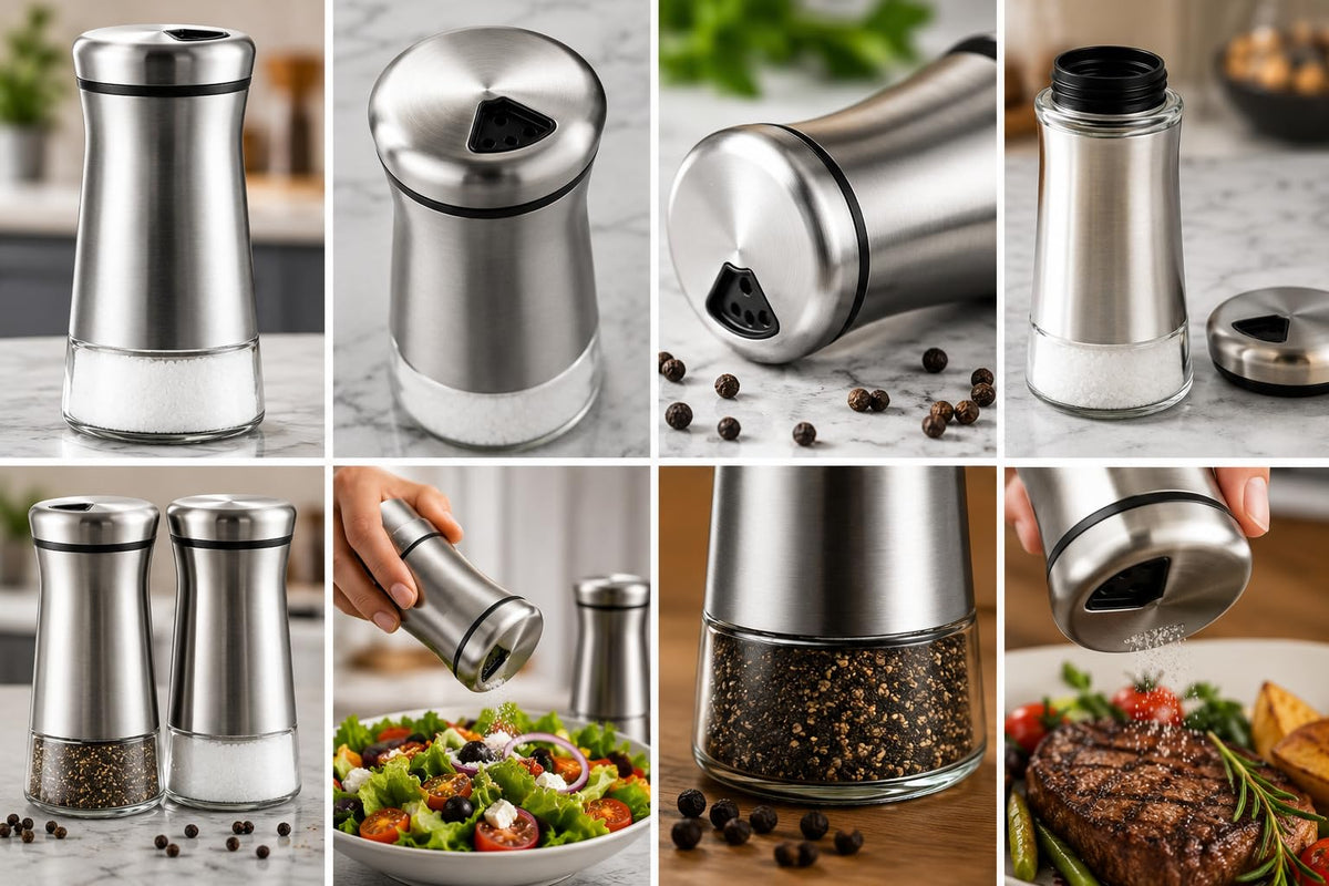 Salt and Pepper Shaker Set, Stainless Steel & Glass Spice Shakers, Adjustable Pour Holes, Refillable Salt & Pepper Dispensers for Kitchen & Dining Table Set of 2 Bottles