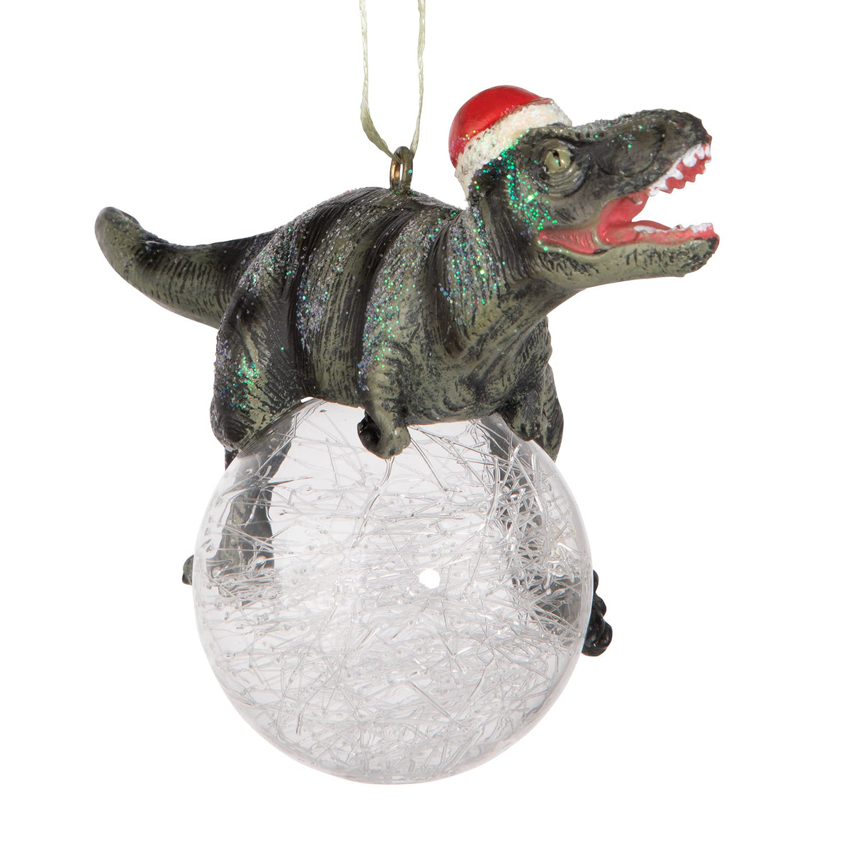 Design Toscano Blitzer the T Rex Dinosaur Christmas Tree Ornament, 5 Inch Long, Cast Stone Resin with Glass Ball, Green Glitter Finish