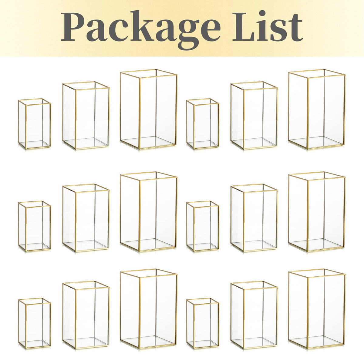 Hewory Glass Hurricane Candle Holder: Gold Hurricane Candle Holders with Metal Frame Square Set of 18, Clear Candle Holder for Table Centerpiece Wedding Christmas Engagement Birthday Party Decorations