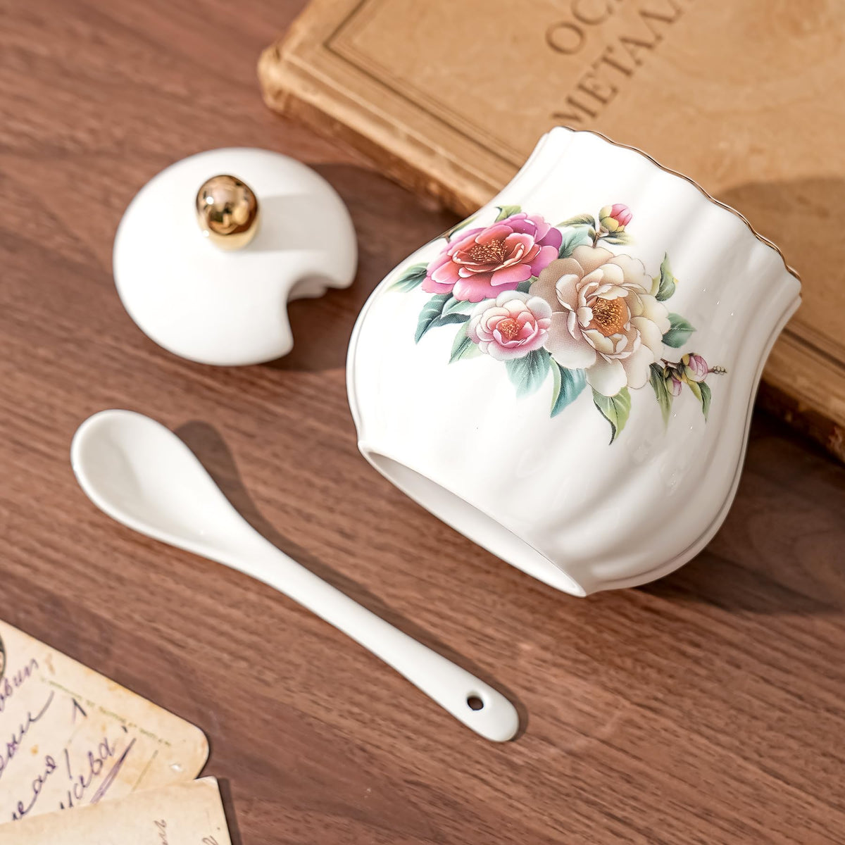 Cozierlavie Sugar Bowl with Lid and Spoon, 10.1oz Ceramic Sugar Jar for Salt,Coffee Bar, Home, Kitchen (Camellia)