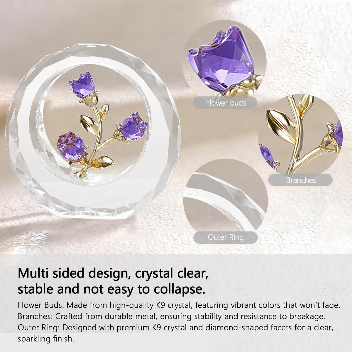RONG KRISTO Purple Crystal Rose Ornament Glass Rose Flower with Stems Romantic Flowers Gifts for Women with Gift-Box