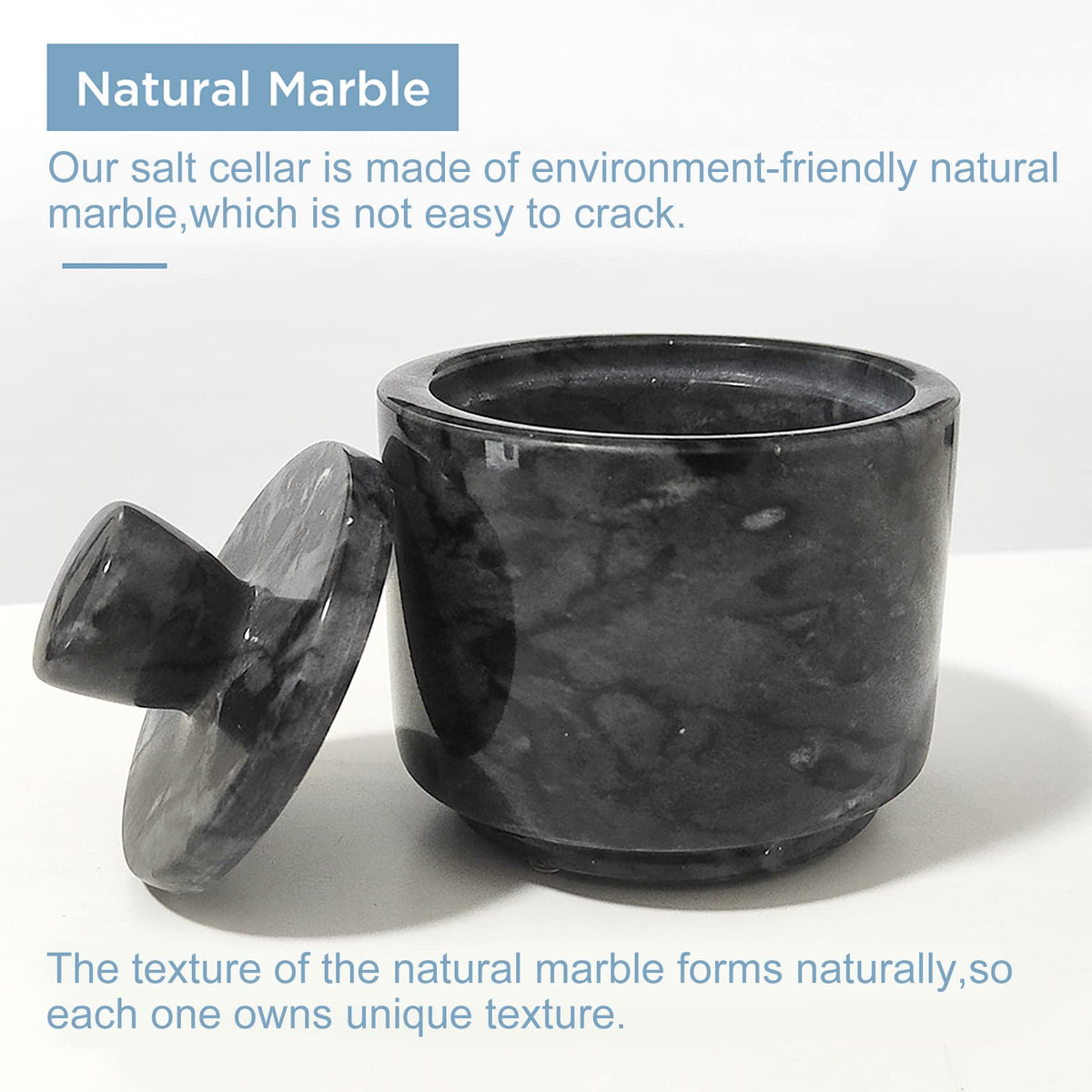HESHIBI Marble Salt Cellar with Lid, Salt and Pepper Bowls Box Container, Salt Jar with Lid for Kitchen and Bathroom(Black)