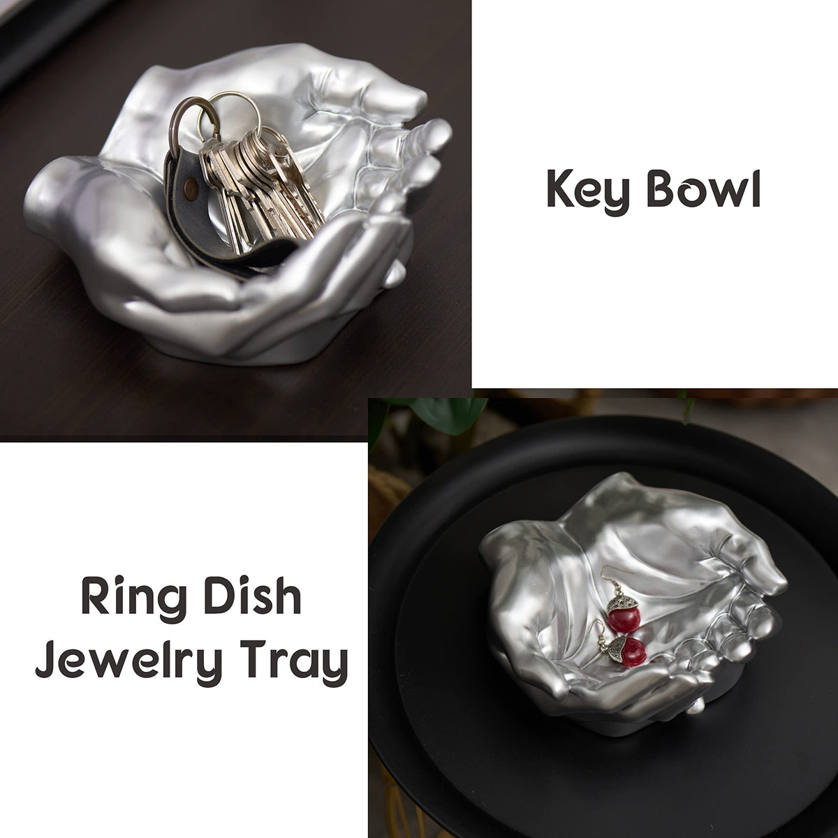 Tapeera Hand Shaped Succulent Planter Pot - Crystal Holder Display - Air Plant Holder Hand Planter - Giving Hands Sculpture Decor - Key Bowl Ring Dish Trinket Dish Candy Dish - Candle Holder (Silver)