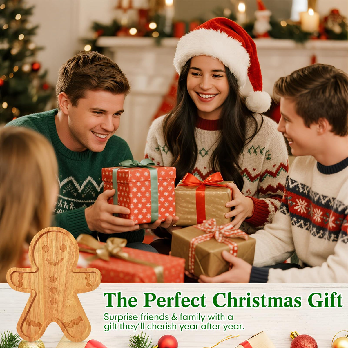 Bokon 12" Gingerbread Christmas Charcuterie Board Wooden Cutting Board Xmas Serving Platter Tray Cookie Plate for Cheese Bread Dessert Fruit, Gift for Christmas Party Holiday Decoration(Rubber Wood)