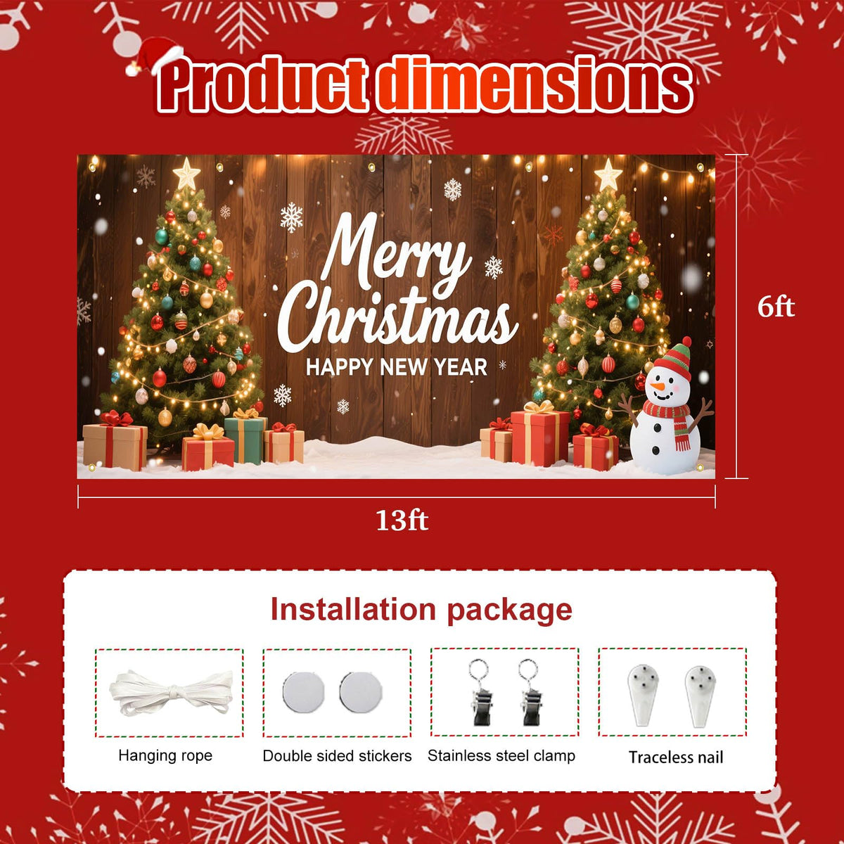 HOMETITUTE Christmas Garage Door Banner 13x6ft Merry Christmas Happy New Year Green Trees Snowman Gift Boxes Holiday Outdoor Indoor Decor Seasonal Party Backdrop