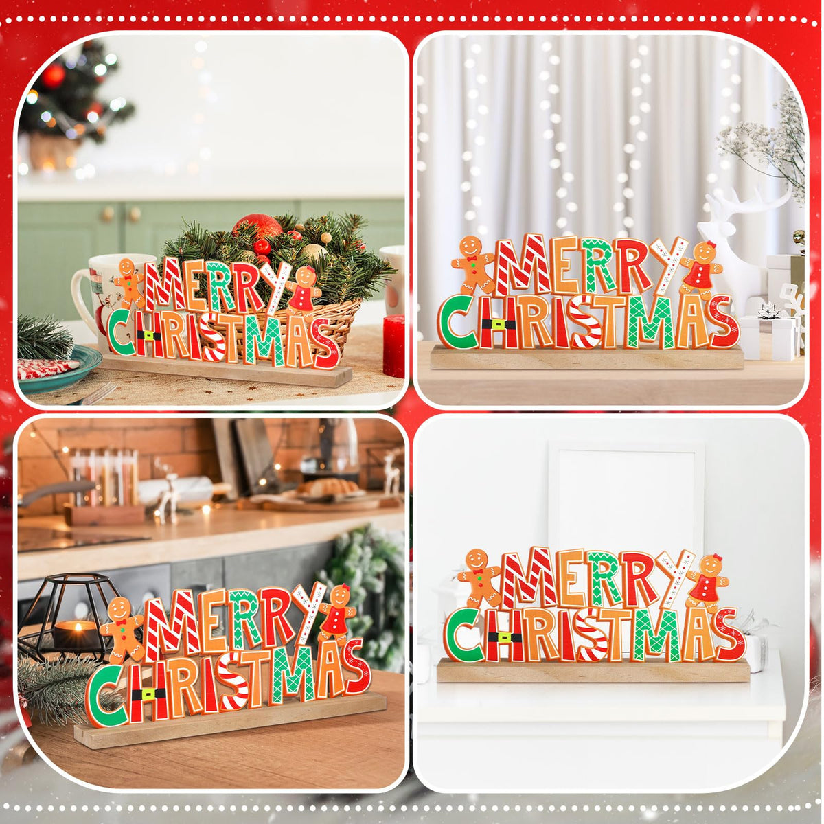 Realspring Gingerbread Man Metal Sign Gingerbread Christmas Table Decoration Xmas Tiered Tray Decor Freestanding Metal Word Sign with Wooden Base for Xmas Home Tabletop Centerpiece Mantel Fireplace