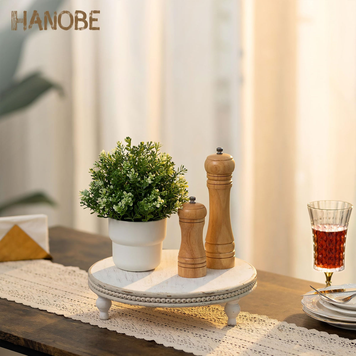 Hanobe Round Decorative Tray Stand: White Beaded Wood Pedestal Risers Farmhouse Circle Display Holder for Coffee Table Home Decor Kitchen Bathroom Counter