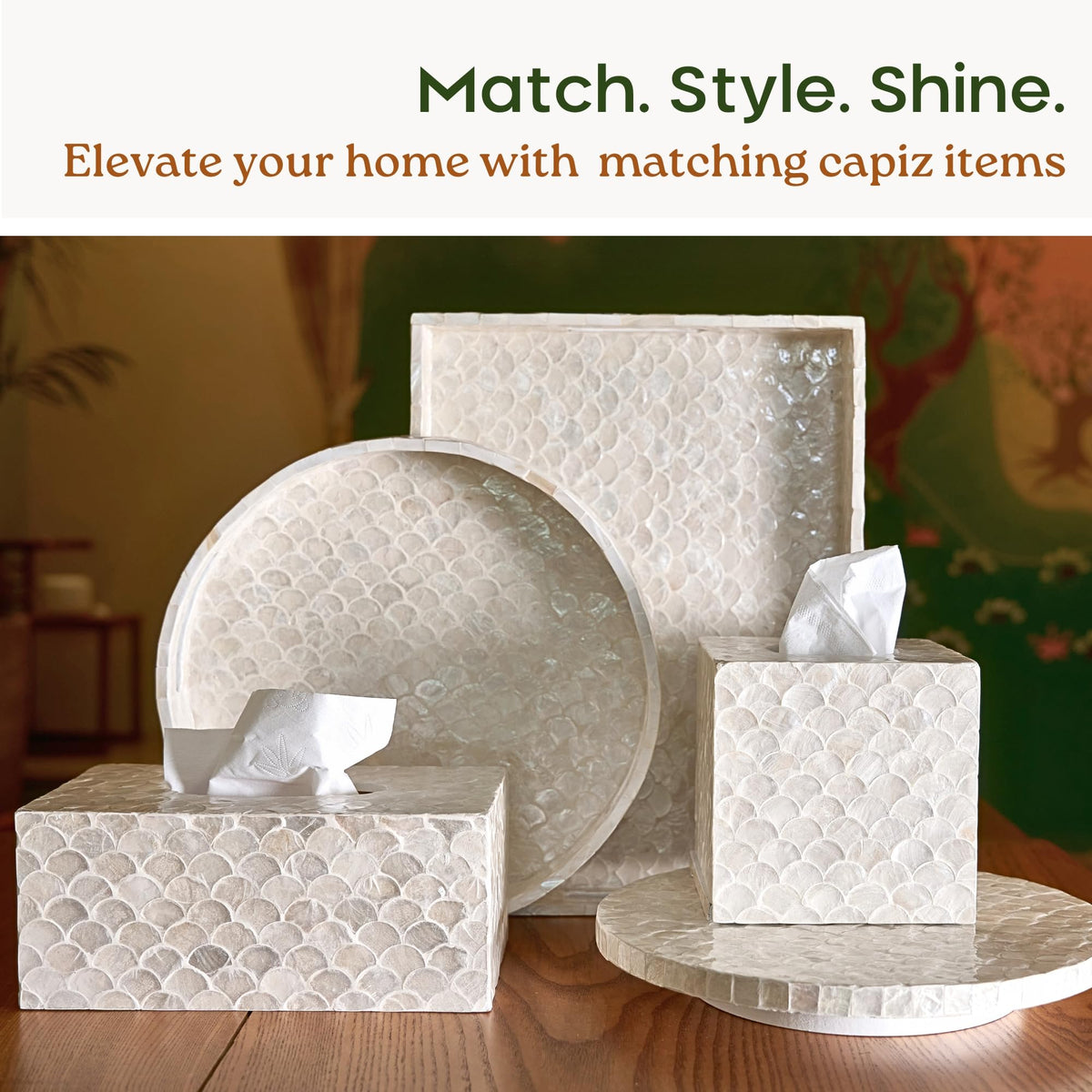 CHI AN HOME 5.5โ Capiz Tissue Box Cover, Square Decorative Tissue Holder with Bottom Slider, Handmade Bathroom Accessories, Elegant White Cube for Vanity, Bedroom, Office & Coastal Dรฉcor (Natural)